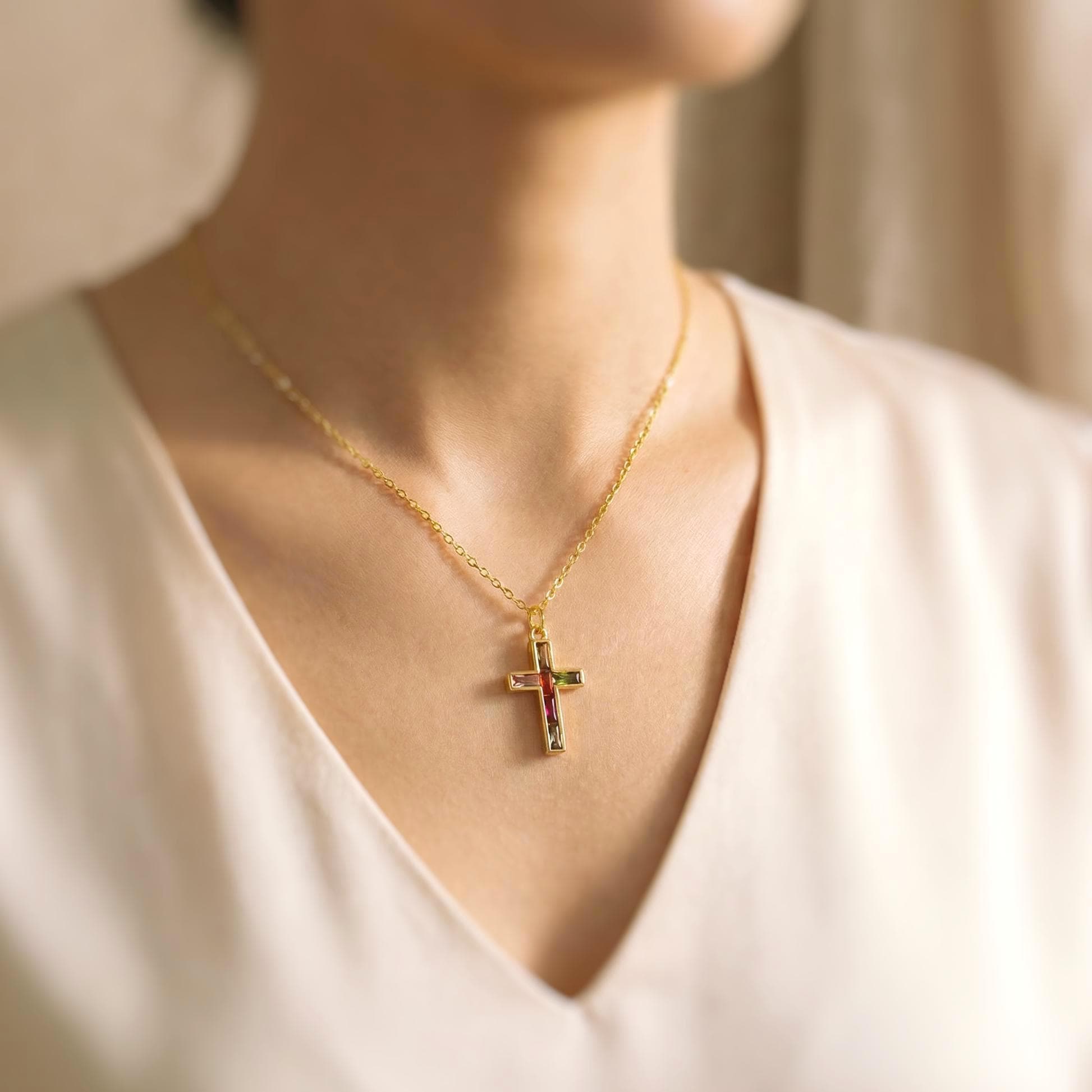 Dainty Gold Cross Necklace for women colorful handmade gemstone jewelry Christian faith necklace baptism communion religious Easter gift her