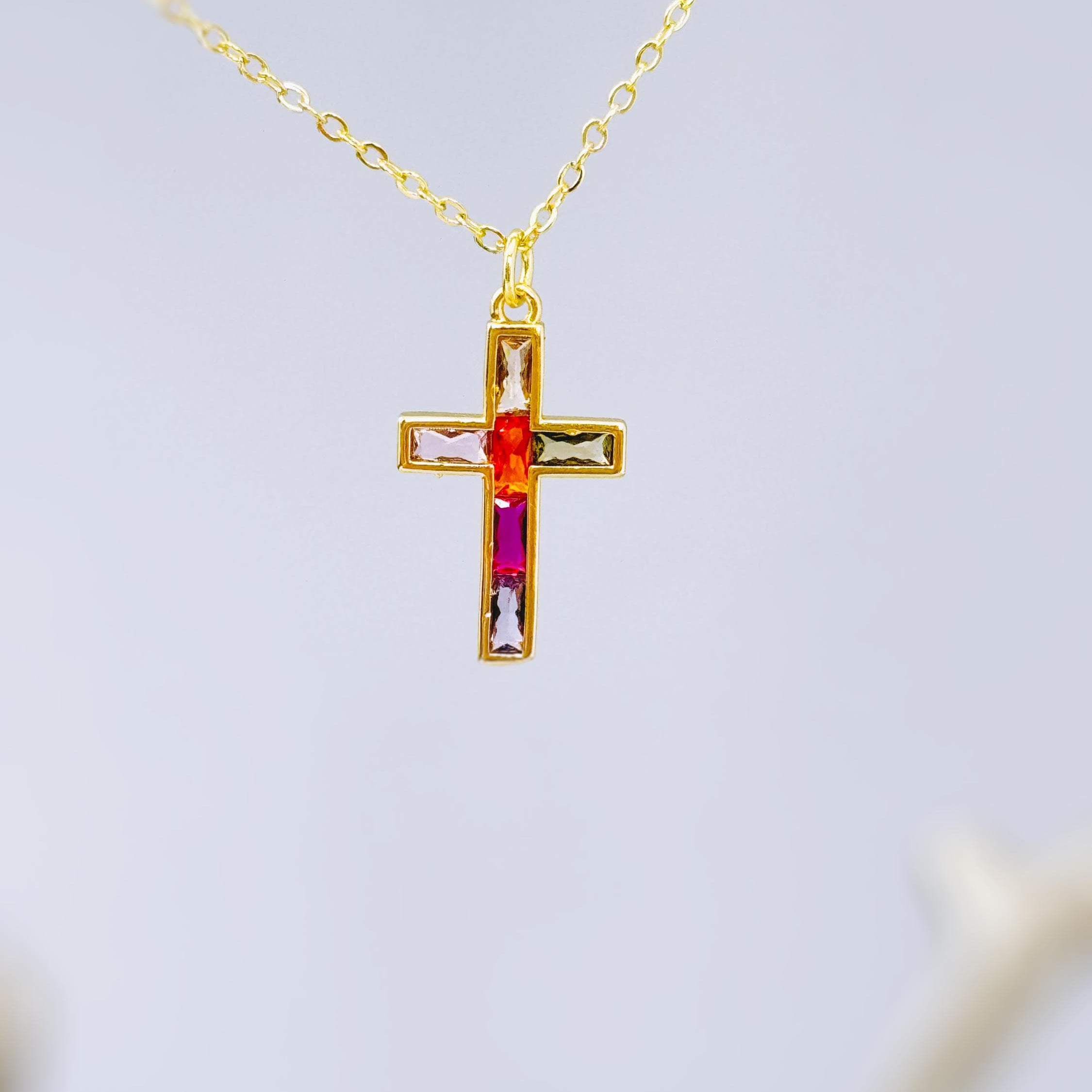 Dainty Gold Cross Necklace for women colorful handmade gemstone jewelry Christian faith necklace baptism communion religious gift for her