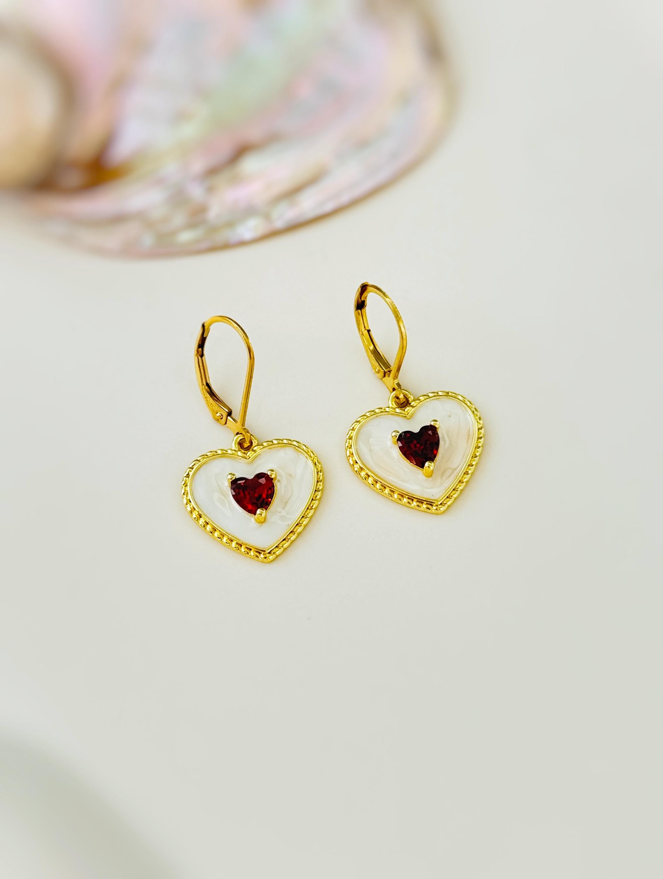 Gold Red Heart Earrings Dangle Handmade red garnet gemstone jewelry January birthstone Mothers Day gift for mom her romantic Valentines Day