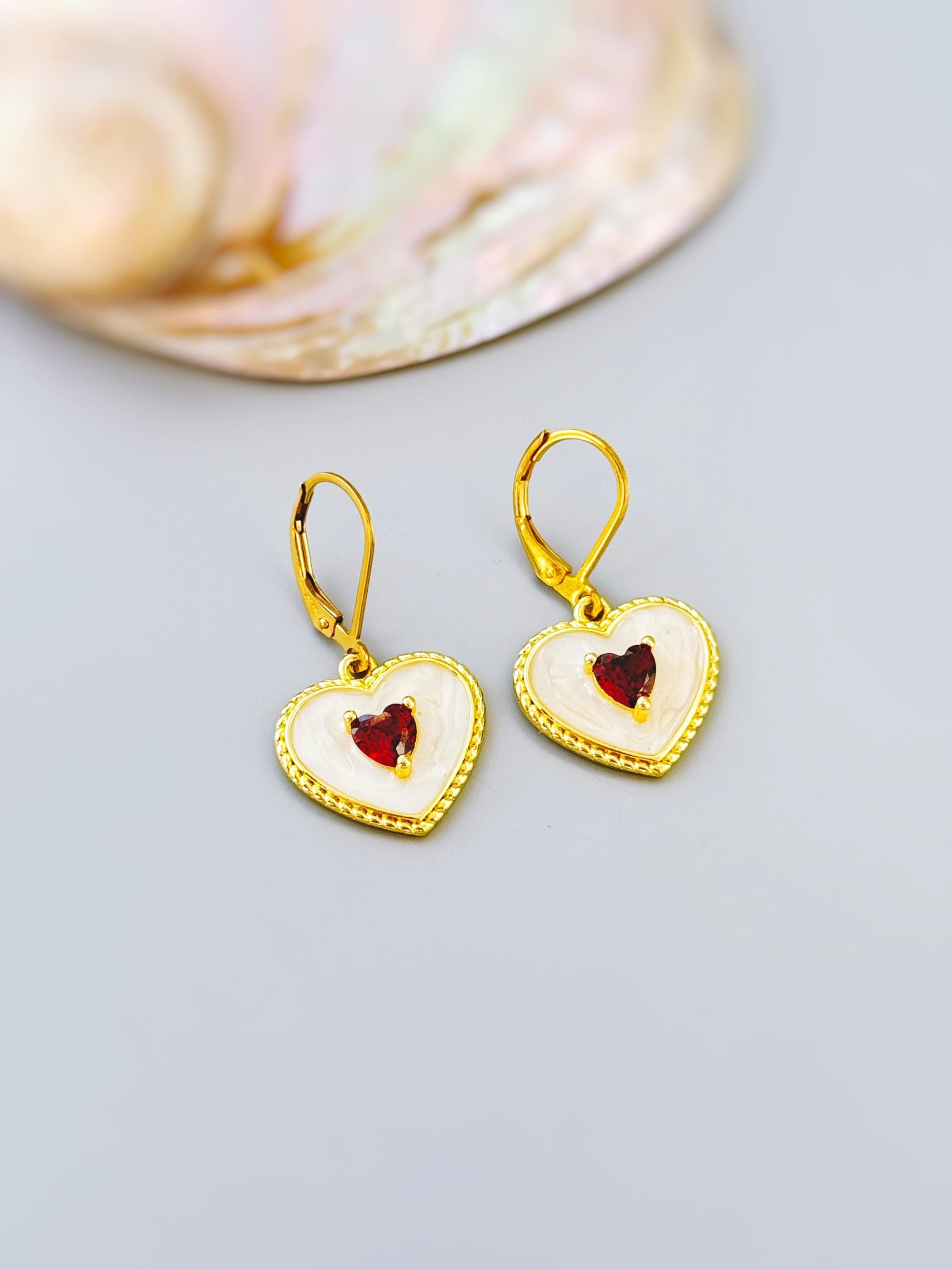 Gold Red Heart Earrings Dangle Handmade red garnet gemstone jewelry January birthstone Mothers Day gift for mom her romantic Valentines Day
