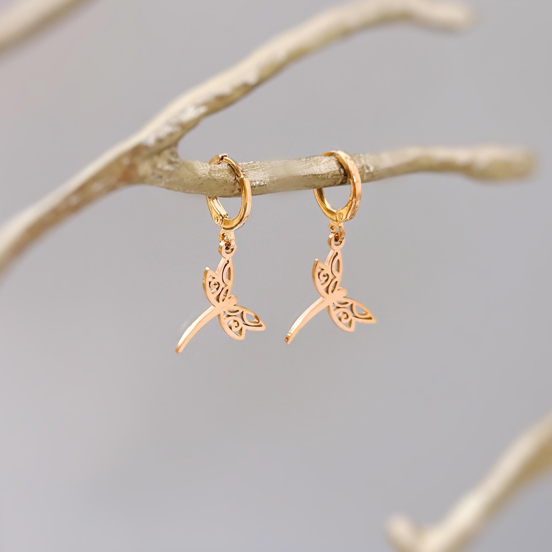 Dragonfly Earrings dangle Rose Gold Handmade Dragonfly Jewelry