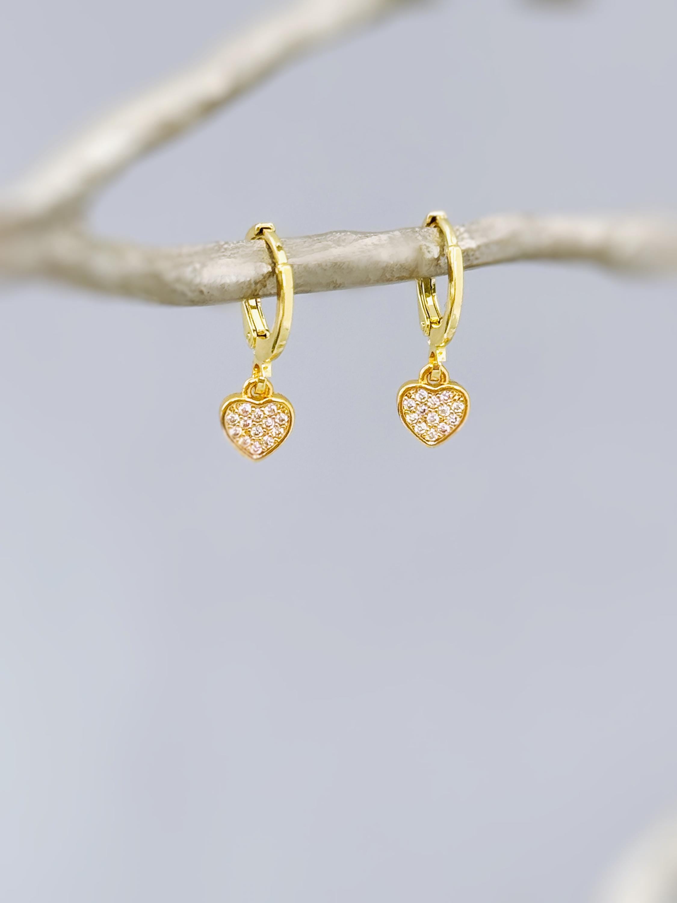 Dainty Gold Heart Earrings Dangle Huggie Hoops Crystal Heart Charm earrings for women handmade Valentines day jewelry gift for friend, moms