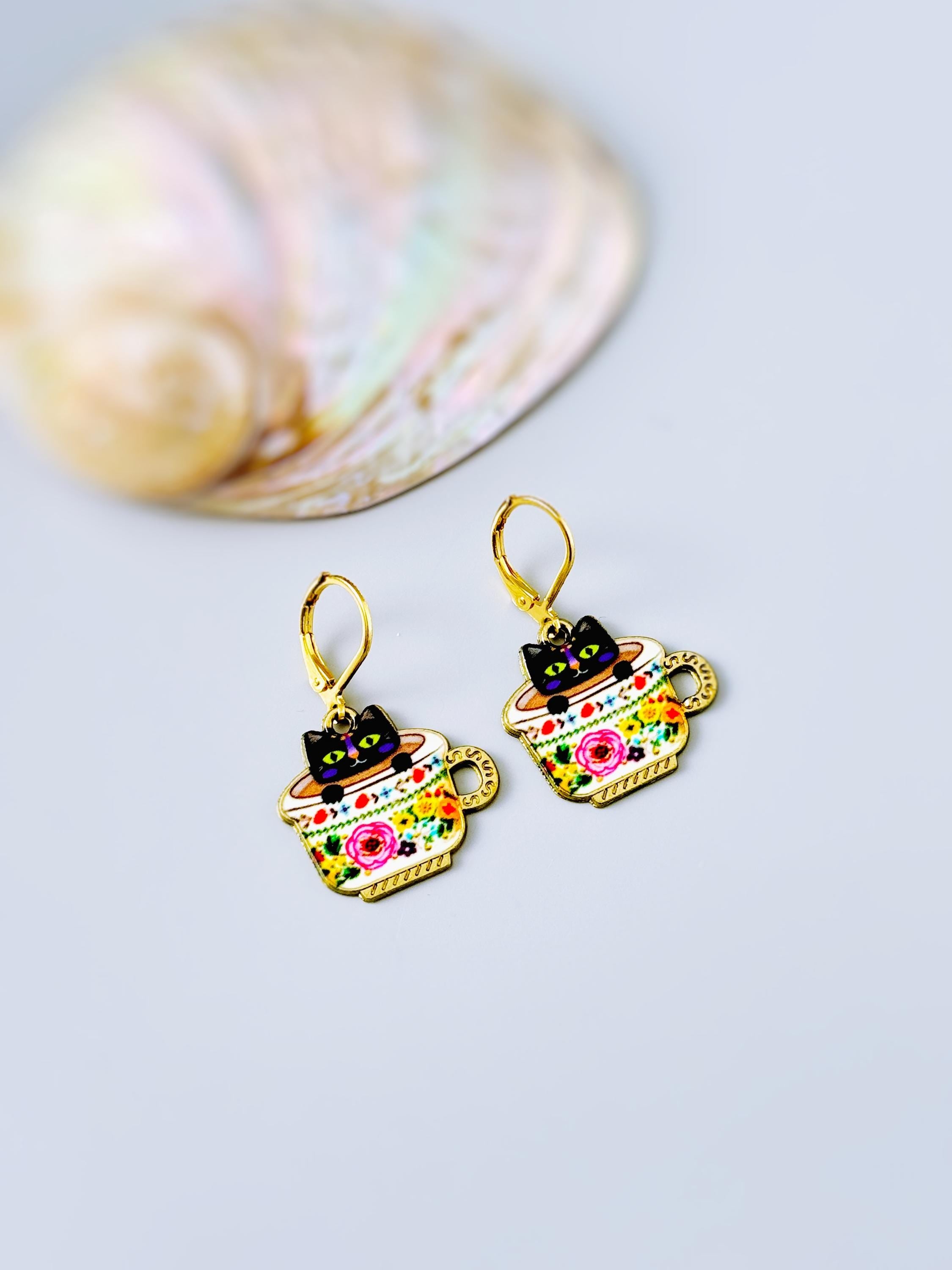Colorful Teacup Black Cat Earrings dangle gold fun quirky kawaii kitten jewelry unique gift for her animal lovers veterinarians, vet techs