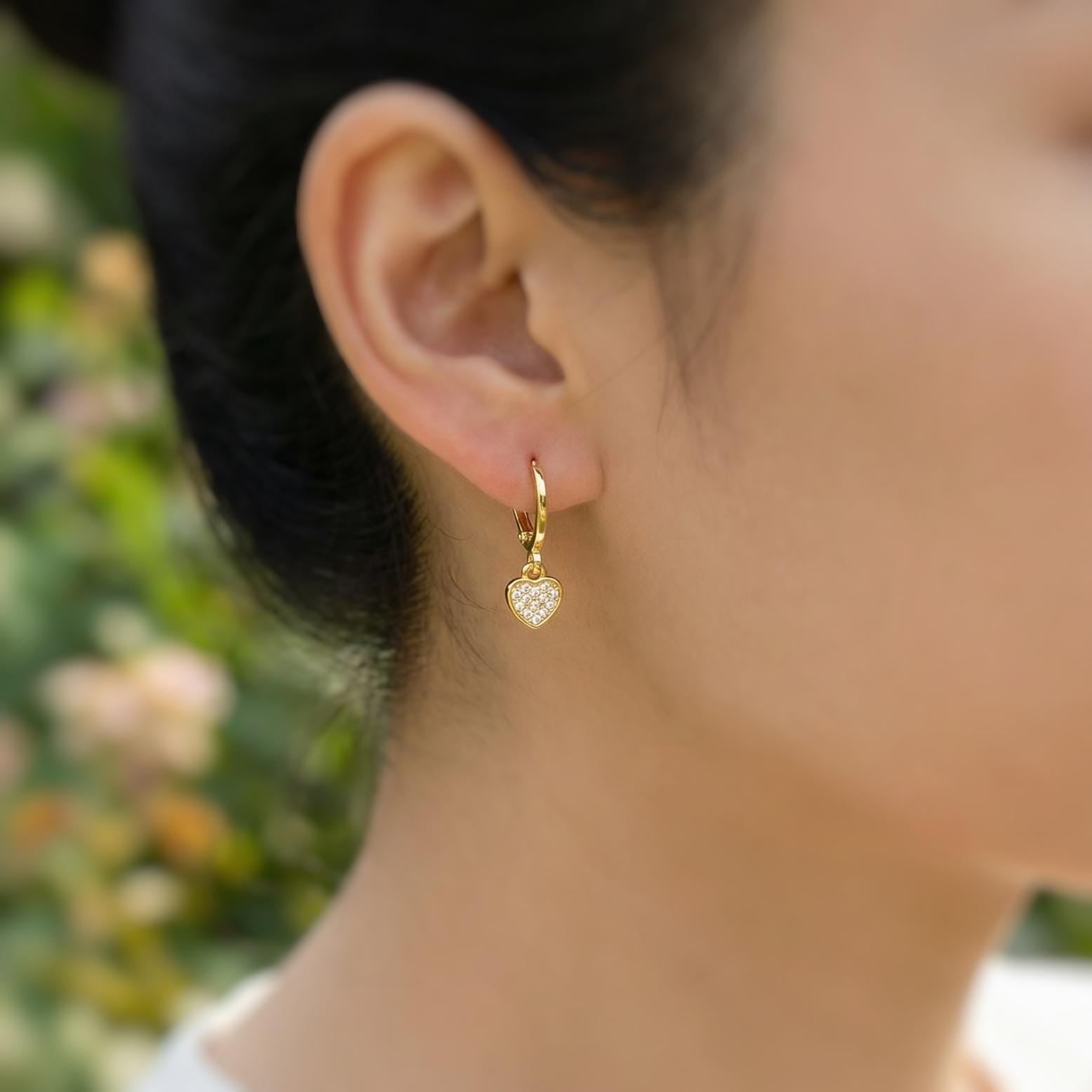 Tiny Gold Heart Earrings Dangle Huggie Hoops Crystal Heart Charm earrings for women handmade Valentines day jewelry gift for friend, moms
