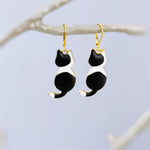 Black Tuxedo Cat Earrings dangle gold enamel leverback kitten kitty jewelry unique gift for cat lovers veterinarians, vet techs women, her