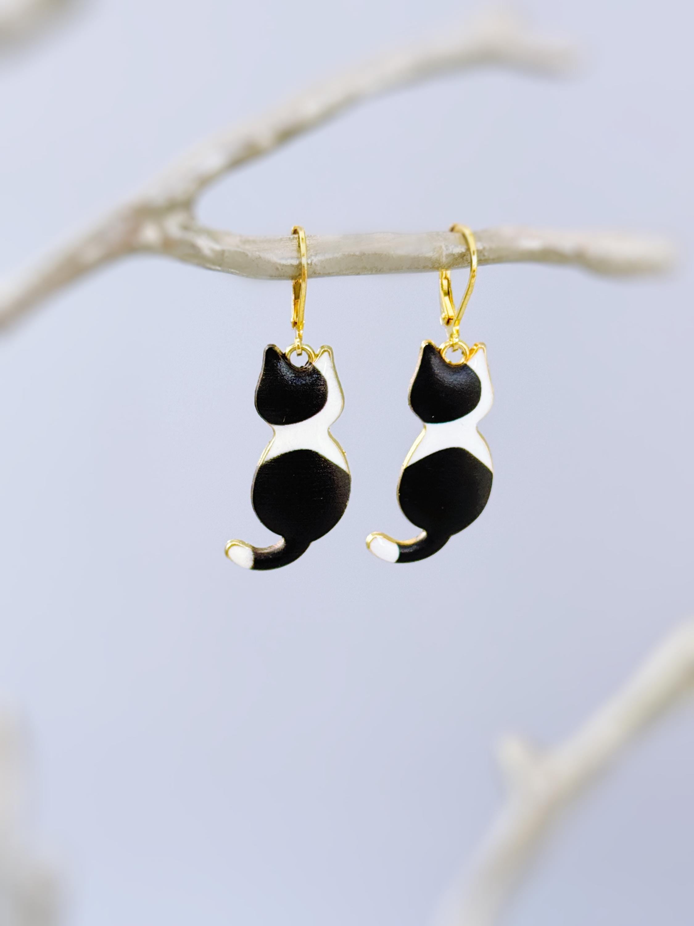 Black Tuxedo Cat Earrings dangle gold enamel leverback kitten kitty jewelry unique gift for cat lovers veterinarians, vet techs women, her