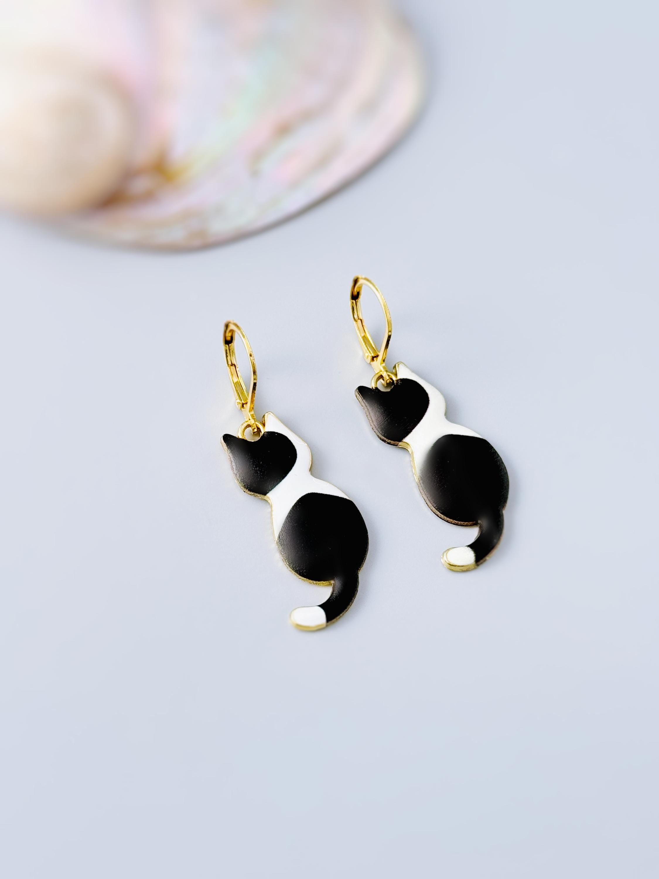 Black Tuxedo Cat Earrings dangle gold enamel leverback kitten kitty jewelry unique gift for cat lovers veterinarians, vet techs women, her