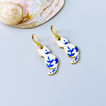 White Cat Earrings gold dangle Cat Jewelry, Gold Leverbacks, Blue Porcelain Earrings Chinoiserie style Cat Lover Gift for veterinarians, vet