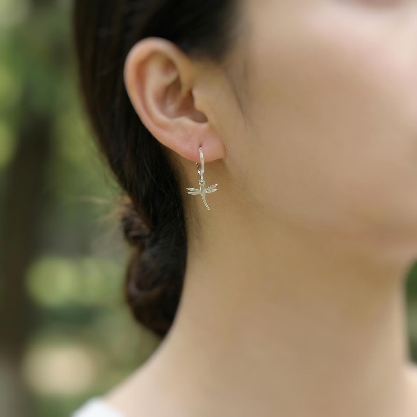 Tiny Dragonfly Earrings dangle Huggie Hoops silver, gold