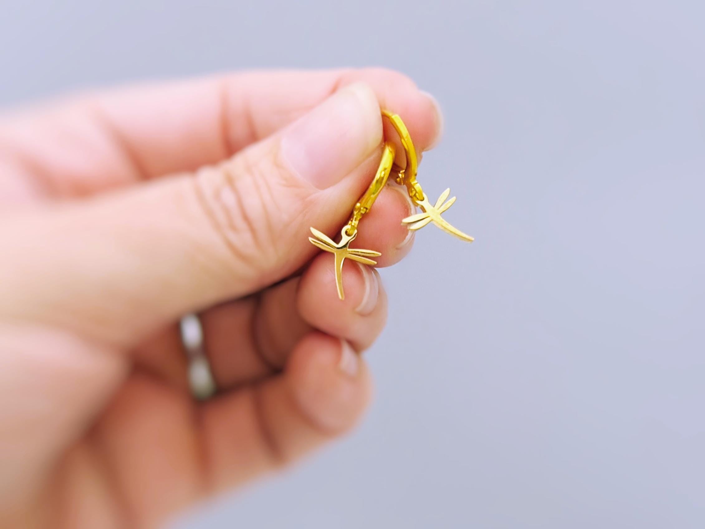 Tiny Dragonfly Earrings dangle Huggie Hoops silver, gold