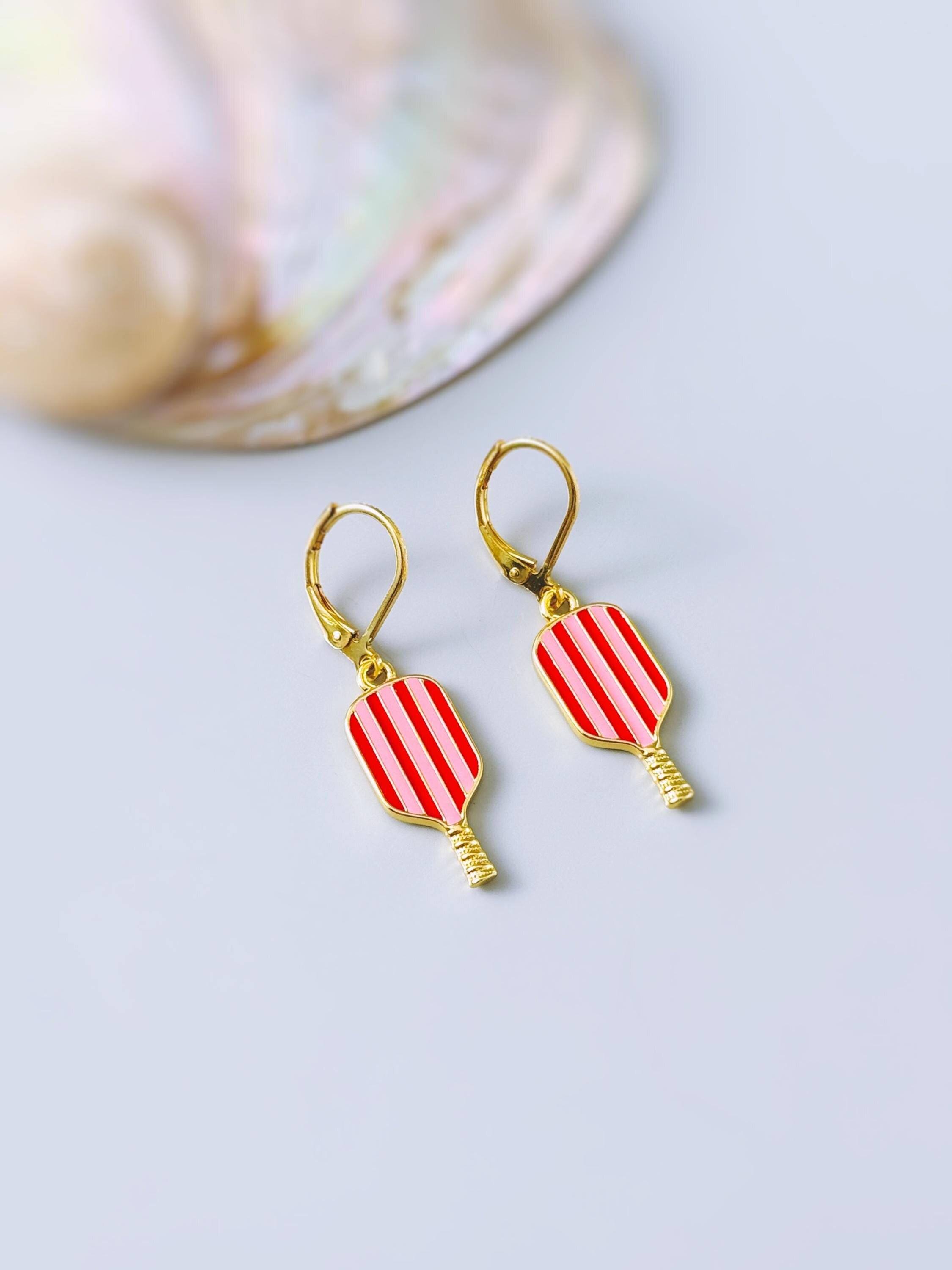 Pickleball Earrings gold dangle leverbacks colorful enamel racquet pickleball player jewelry gift for her sporty cute fitness accessories for women, her