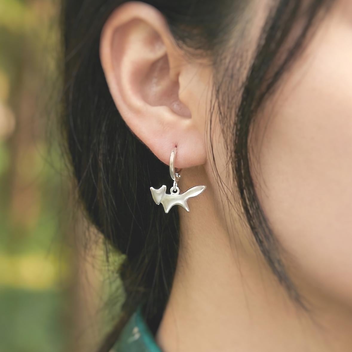 Silver Fox Earrings dangle huggie hoops handmade nature woodland animal Jewelry minimalist cottagecore earrings gift for her daughter sister