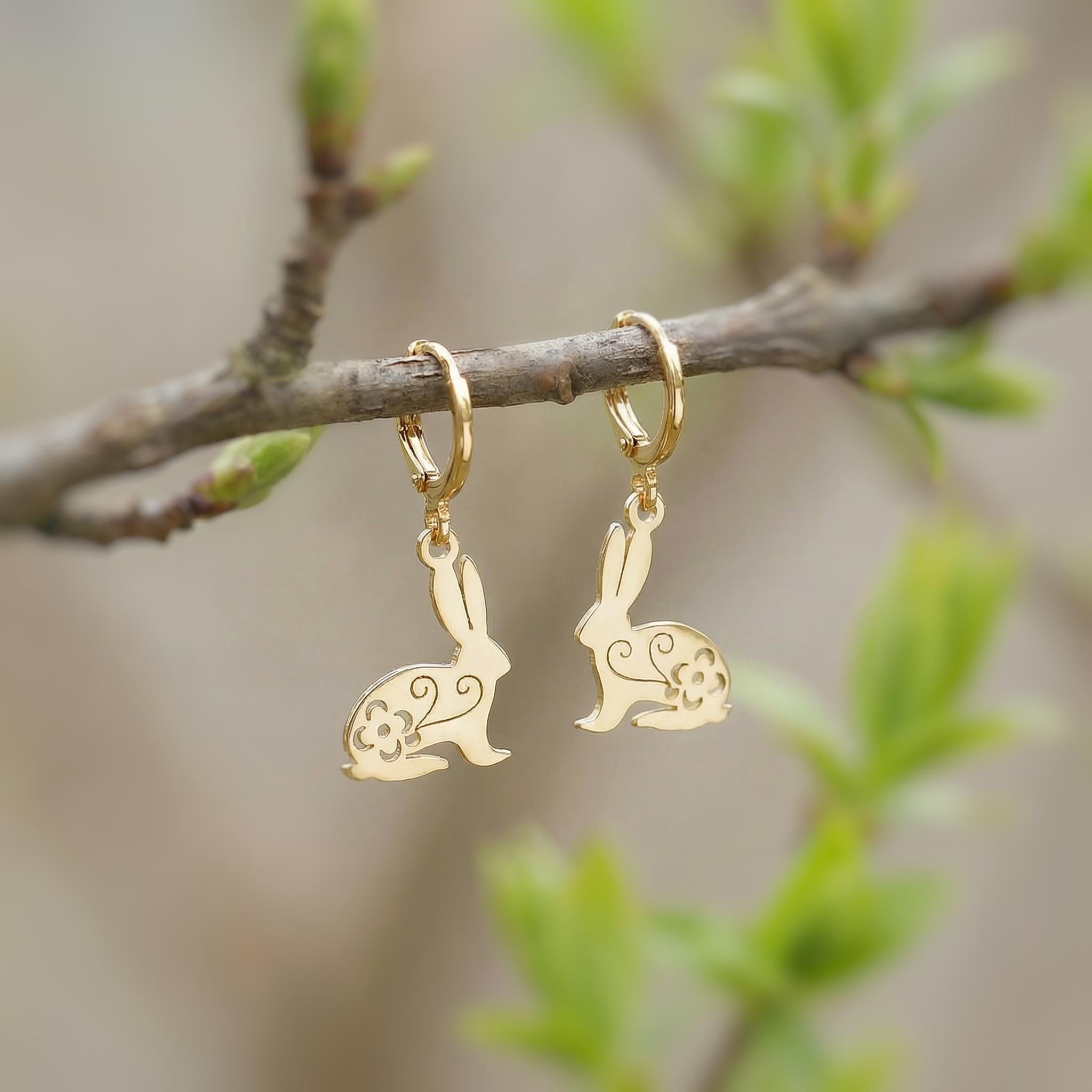 Bunny Rabbit Earrings Dangle Silver, Gold Huggie Hoops cute Spring jewelry Easter Gift for her cottagecore woodland creature nature jewelry