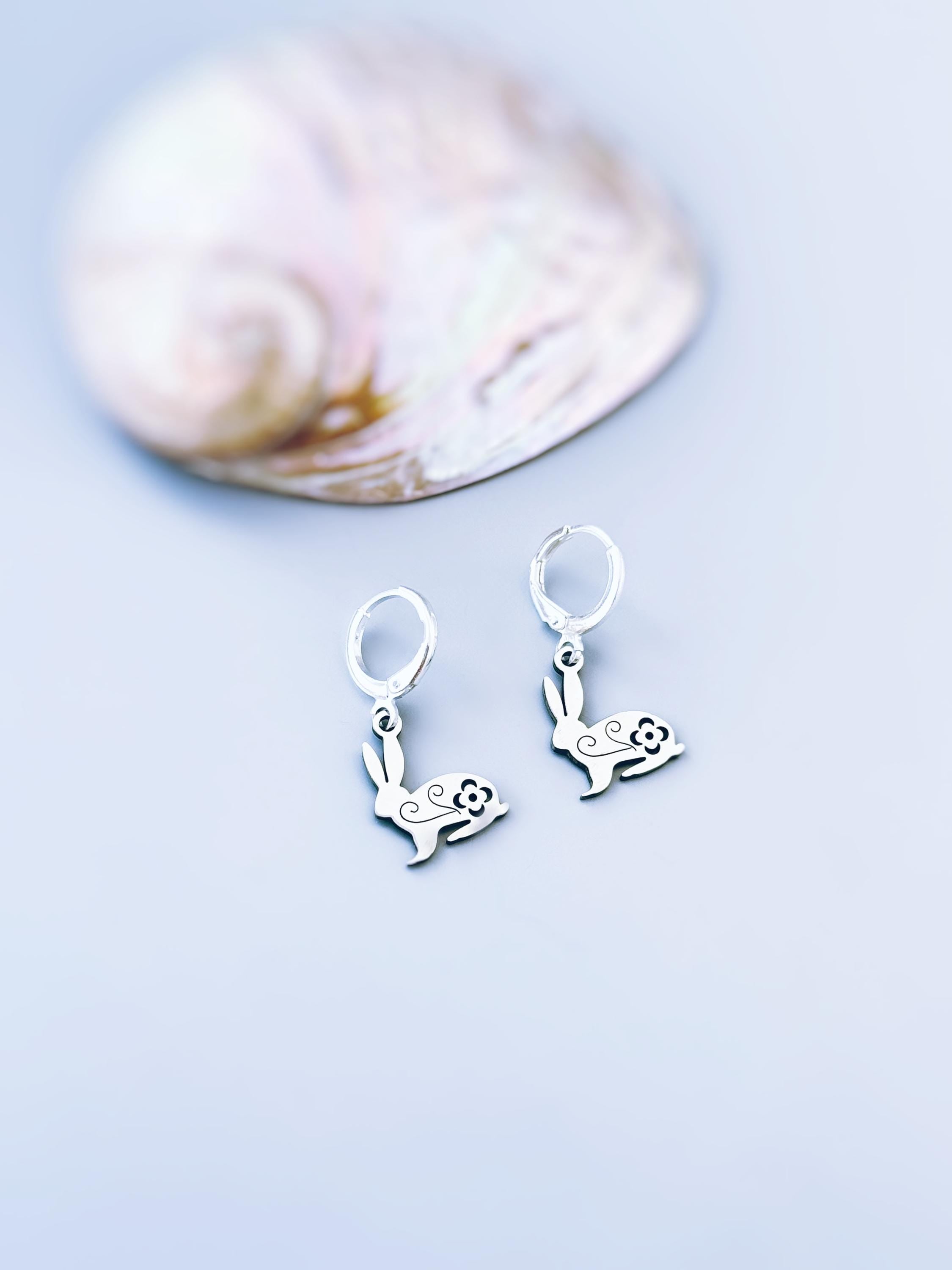 Bunny Rabbit Earrings Dangle Silver, Gold Huggie Hoops cute Spring jewelry Easter Gift for her cottagecore woodland creature nature jewelry