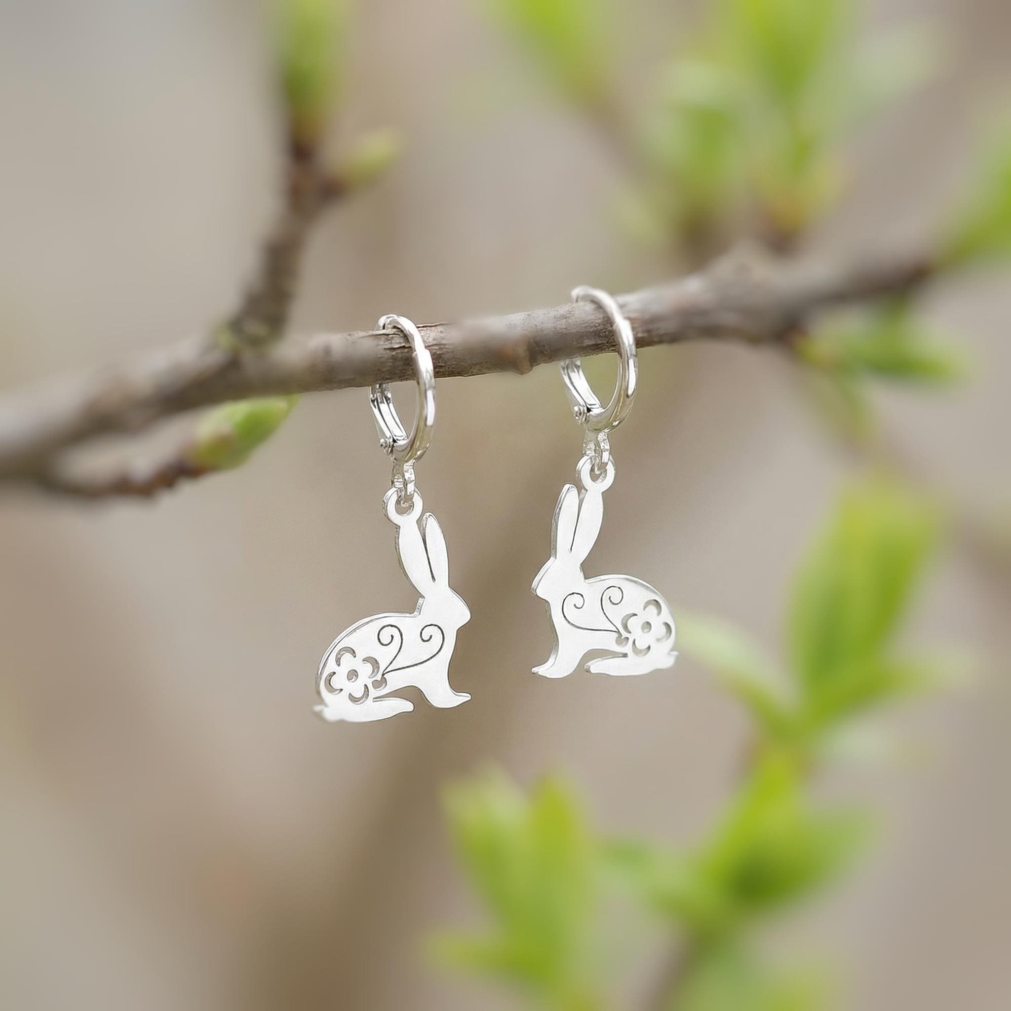 Bunny Rabbit Earrings Dangle Silver, Gold Huggie Hoops cute Spring jewelry Easter Gift for her cottagecore woodland creature nature jewelry
