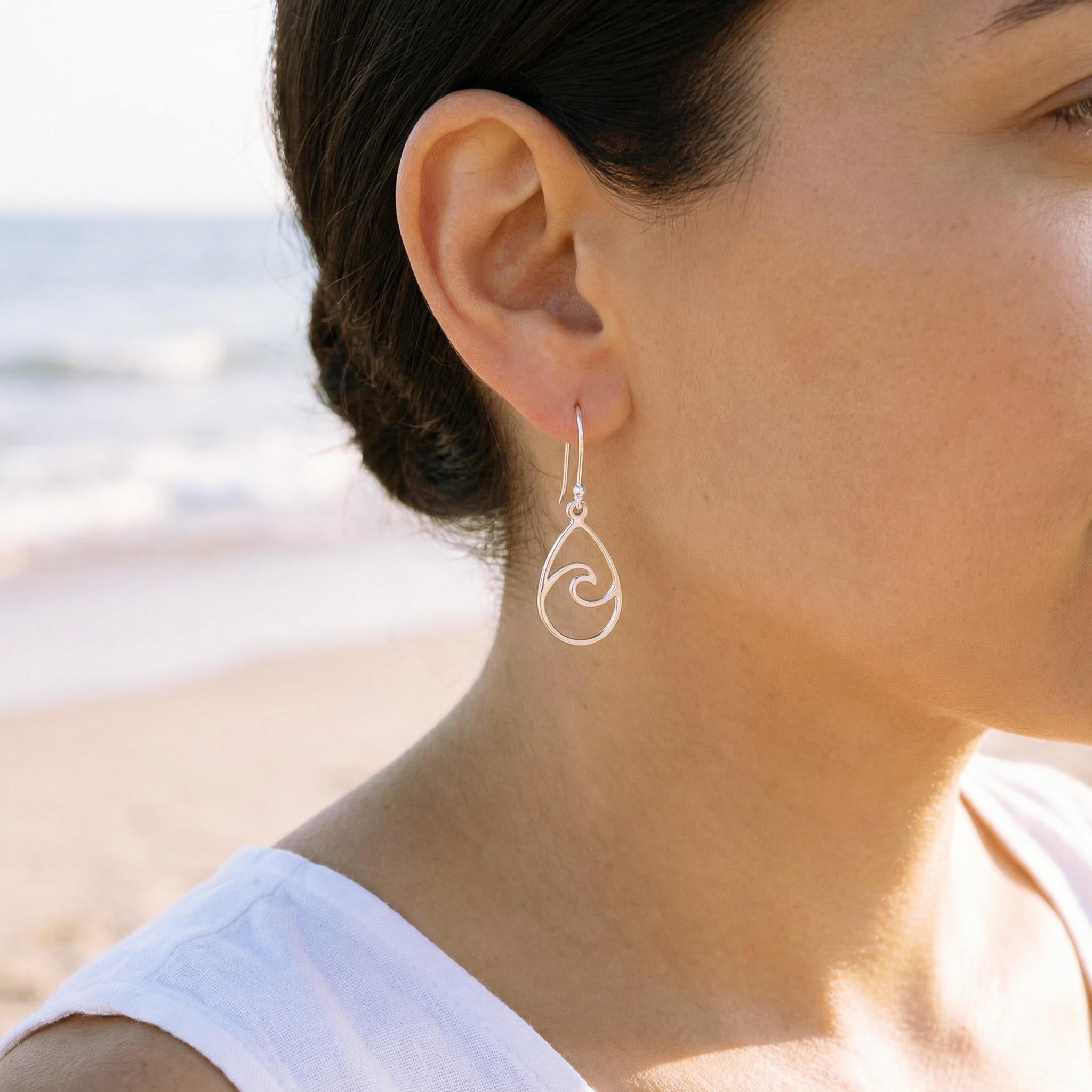 Teardrop Wave Earrings dangle sterling silver handmade dangly long lightweight Jewelry unique gift for best friend sister nature water lover