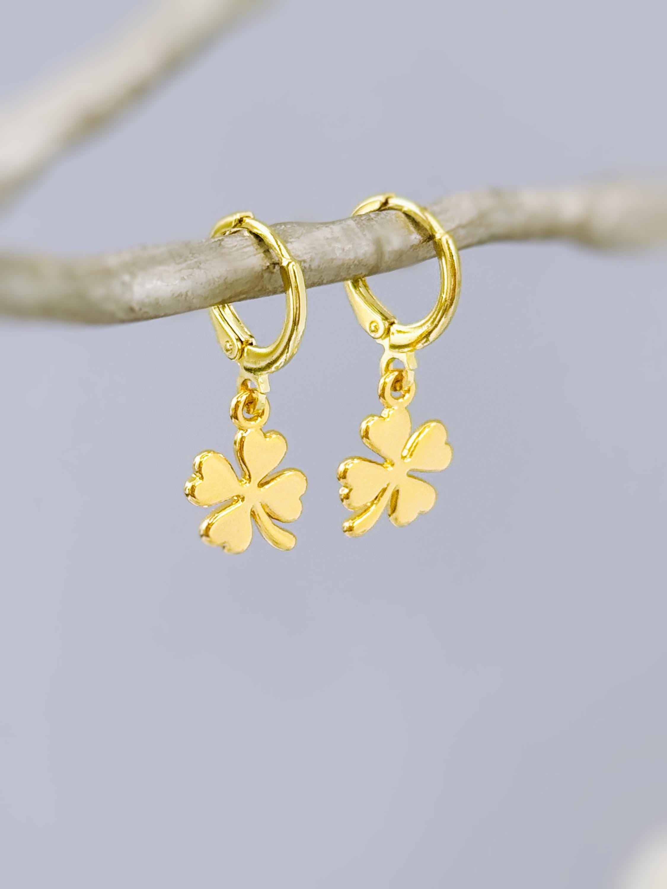 Dainty Gold Four Leaf Clover Earrings Dangle Minimalist Huggie Hoops lucky Shamrock charm Irish jewelry St Patricks day gift for her, women