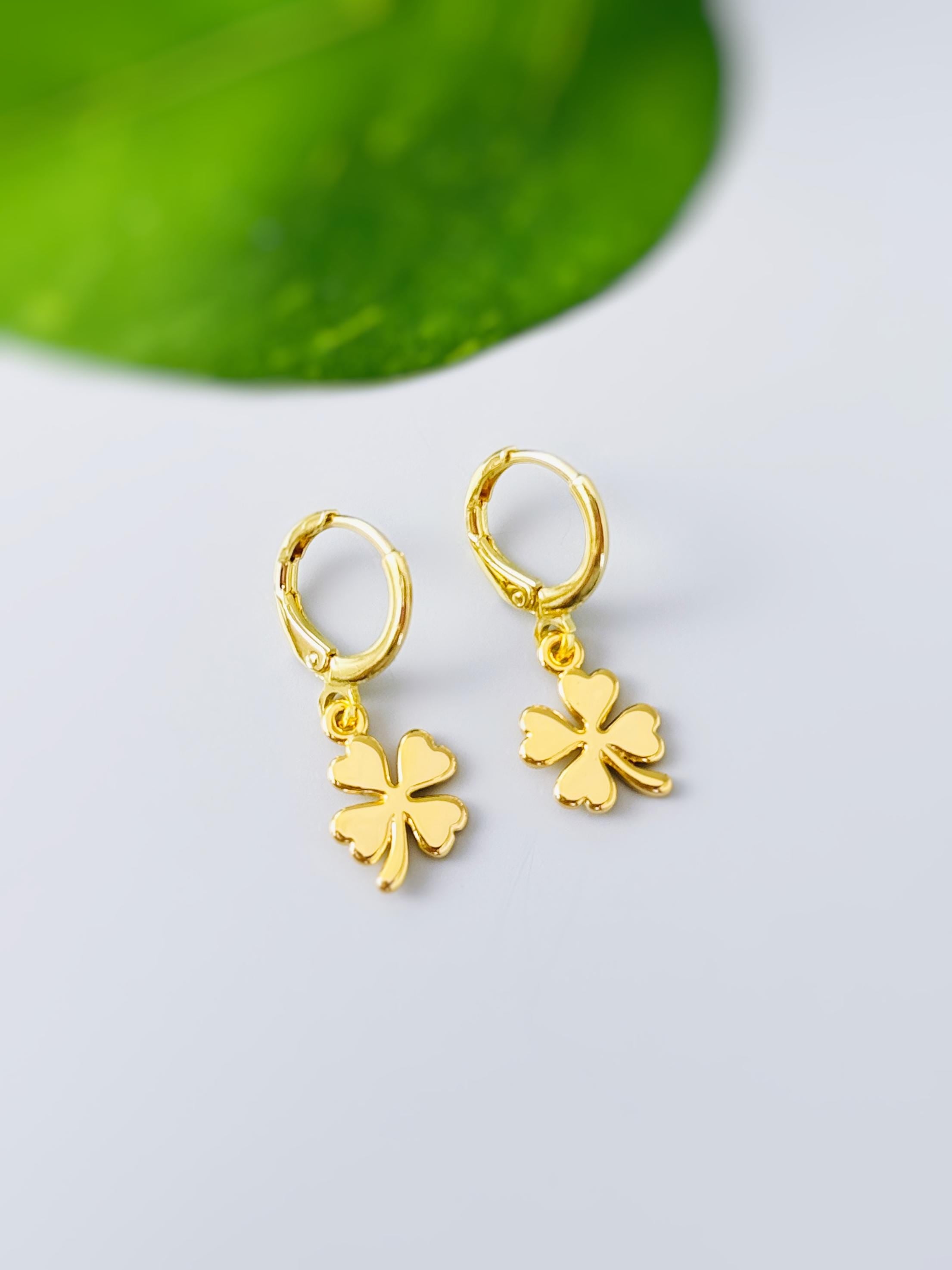 Dainty Gold Four Leaf Clover Earrings Dangle Minimalist Huggie Hoops lucky Shamrock charm Irish jewelry St Patricks day gift for her, women