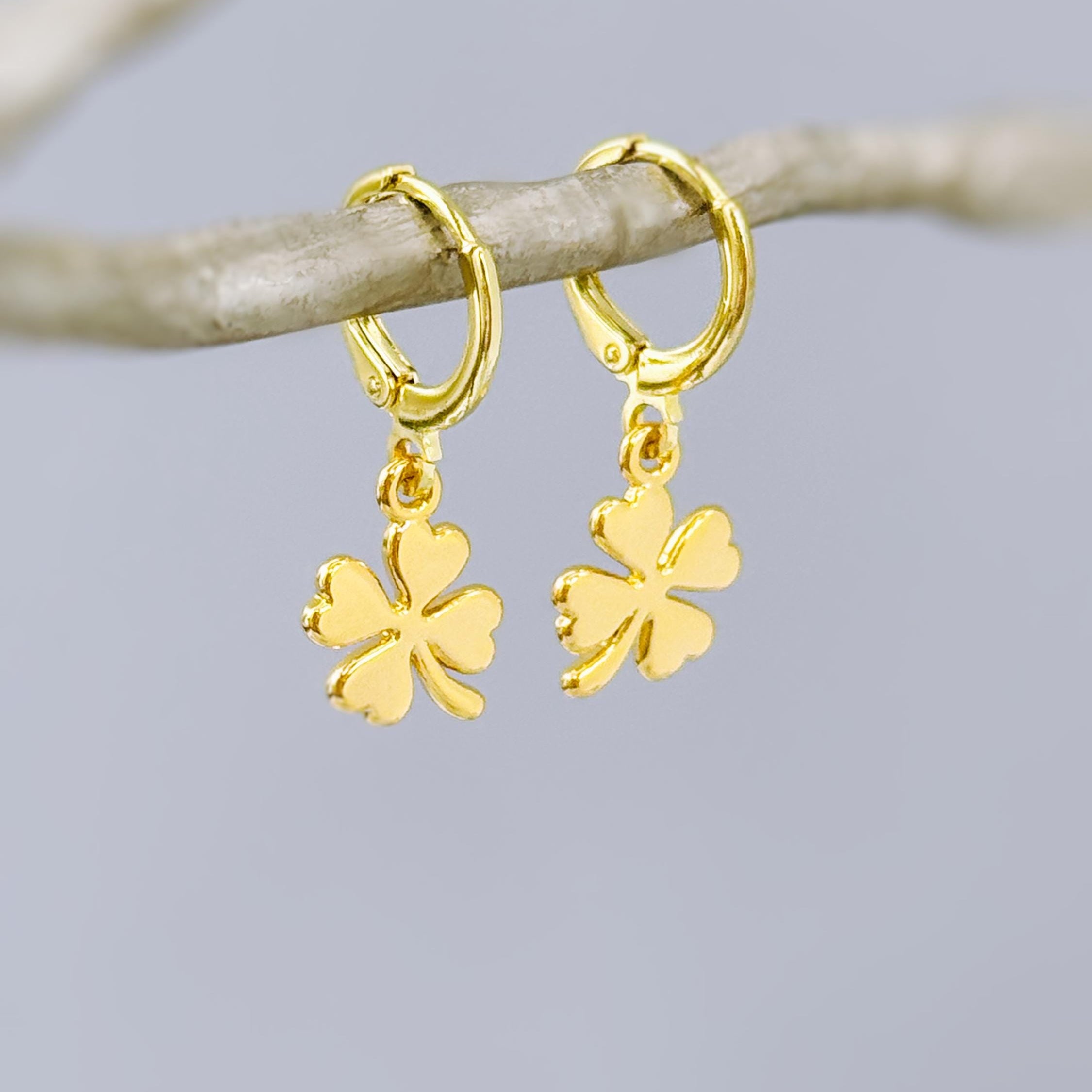 Dainty Gold Four Leaf Clover Earrings Dangle Minimalist Huggie Hoops lucky Shamrock charm Irish jewelry St Patricks day gift for her, women