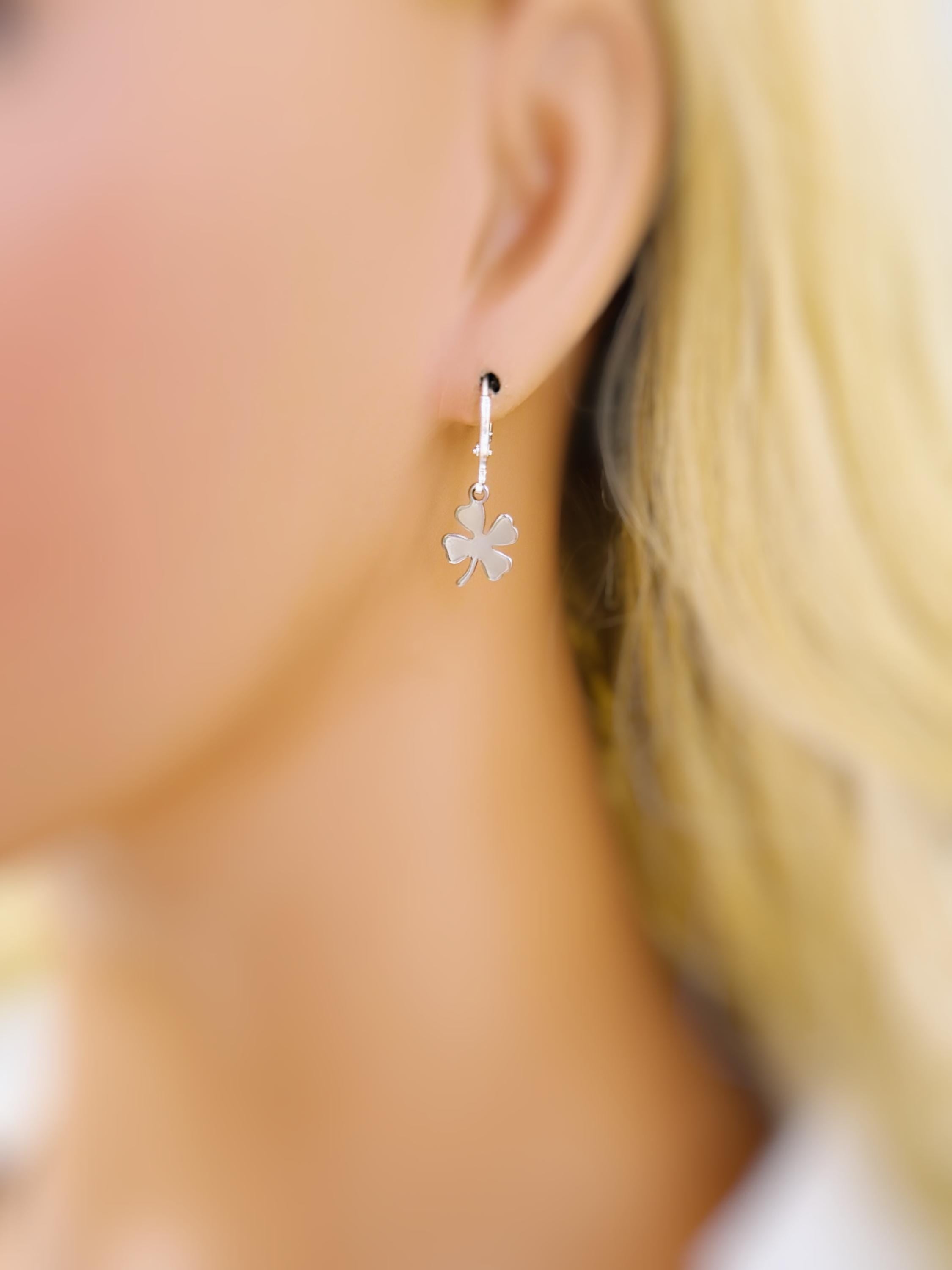 Dainty Gold Four Leaf Clover Earrings Dangle Minimalist Huggie Hoops lucky Shamrock charm Irish jewelry St Patricks day gift for her, women