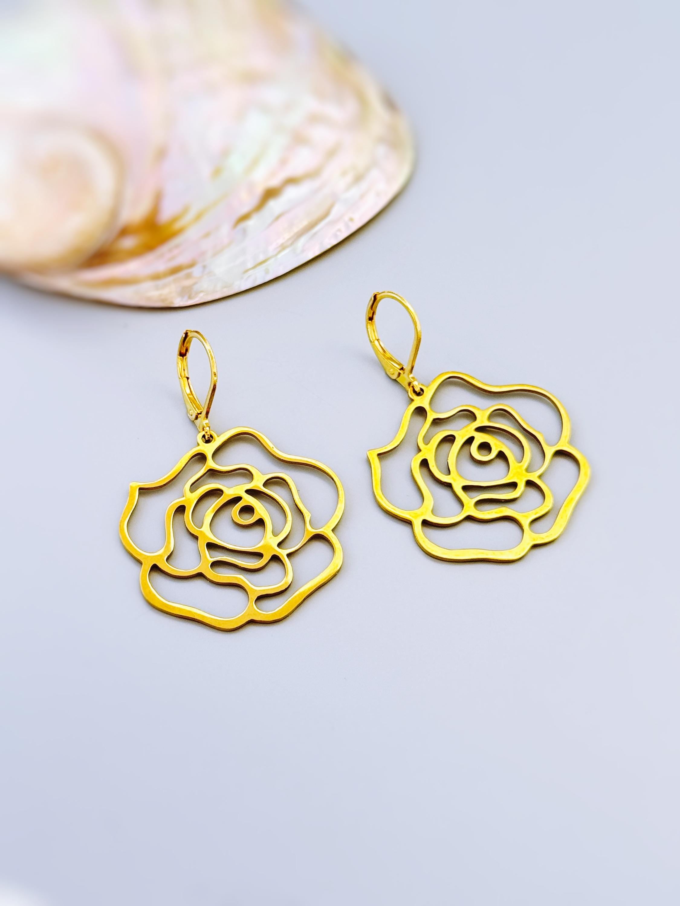 Rose Earrings dangle gold, silver handmade elegant lightweight statement floral nature jewelry June Birth Flower gift for mom, wife gardener