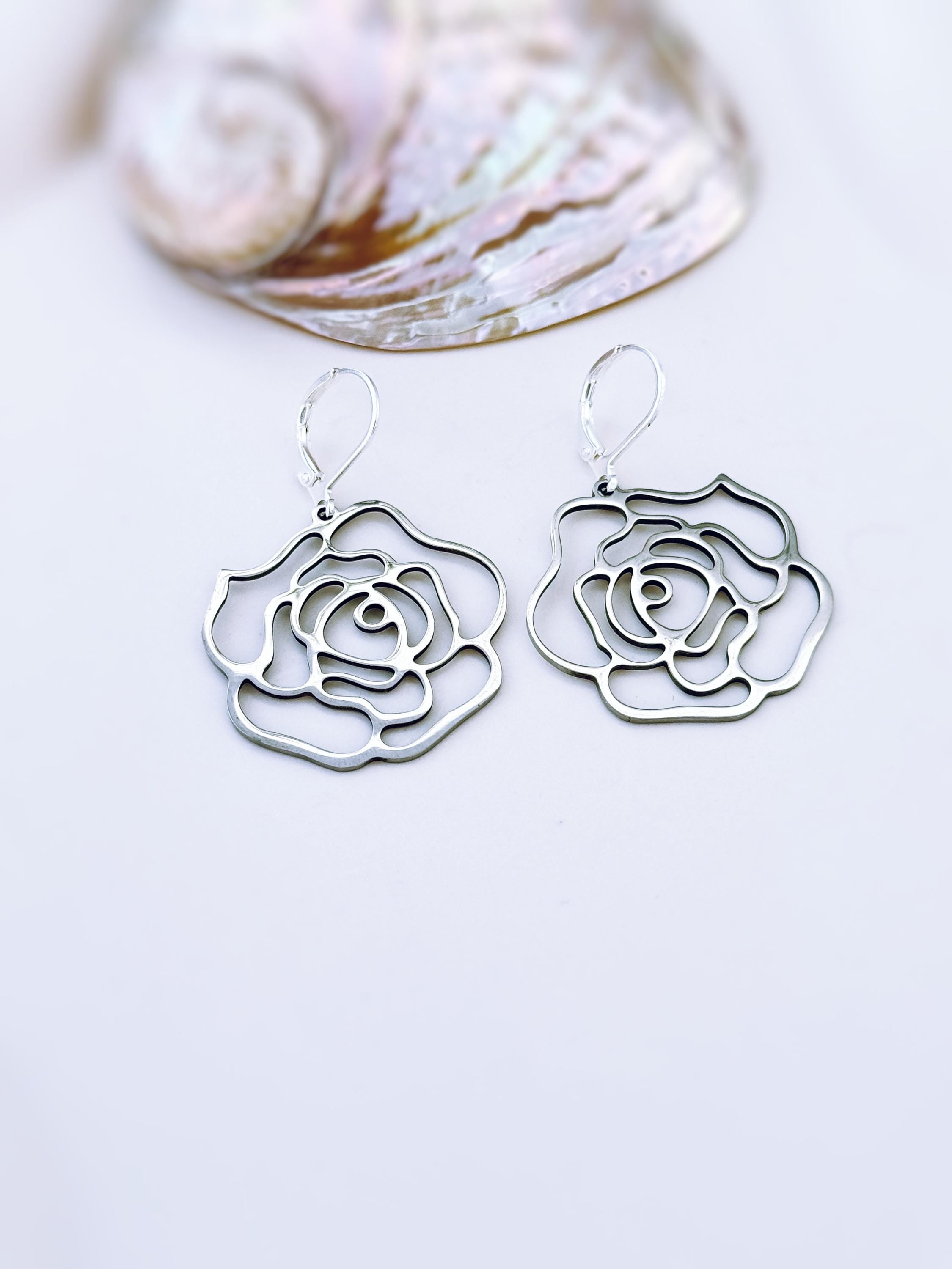 Rose Earrings dangle gold, silver handmade elegant lightweight statement floral nature jewelry June Birth Flower gift for mom, wife gardener