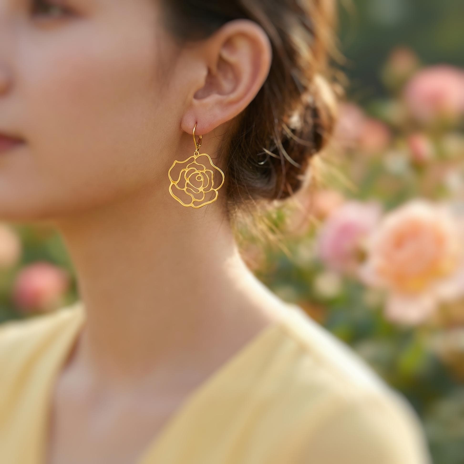 Rose Earrings dangle gold, silver handmade elegant lightweight statement floral nature jewelry June Birth Flower gift for mom, wife gardener