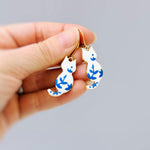 White Cat Earrings gold dangle Cat Jewelry, Gold Leverbacks, Blue Porcelain Earrings Chinoiserie style Cat Lover Gift for veterinarians, vet