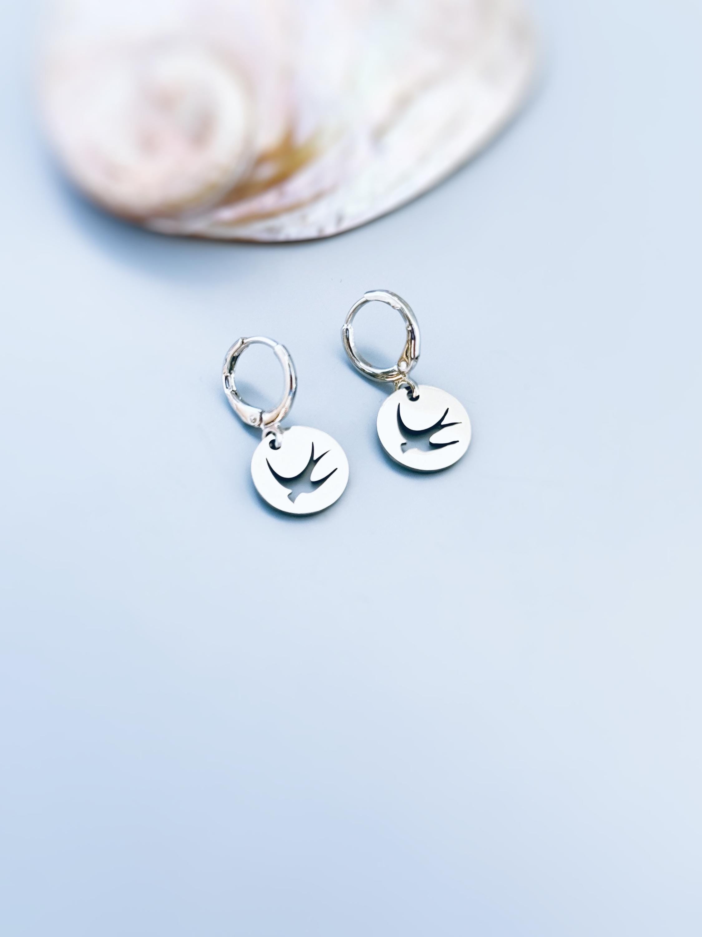 Dainty Swallow Bird Earrings dangle silver Huggie Hoops handmade minimalist nature jewelry gift for bird lovers watchers moms, daughters