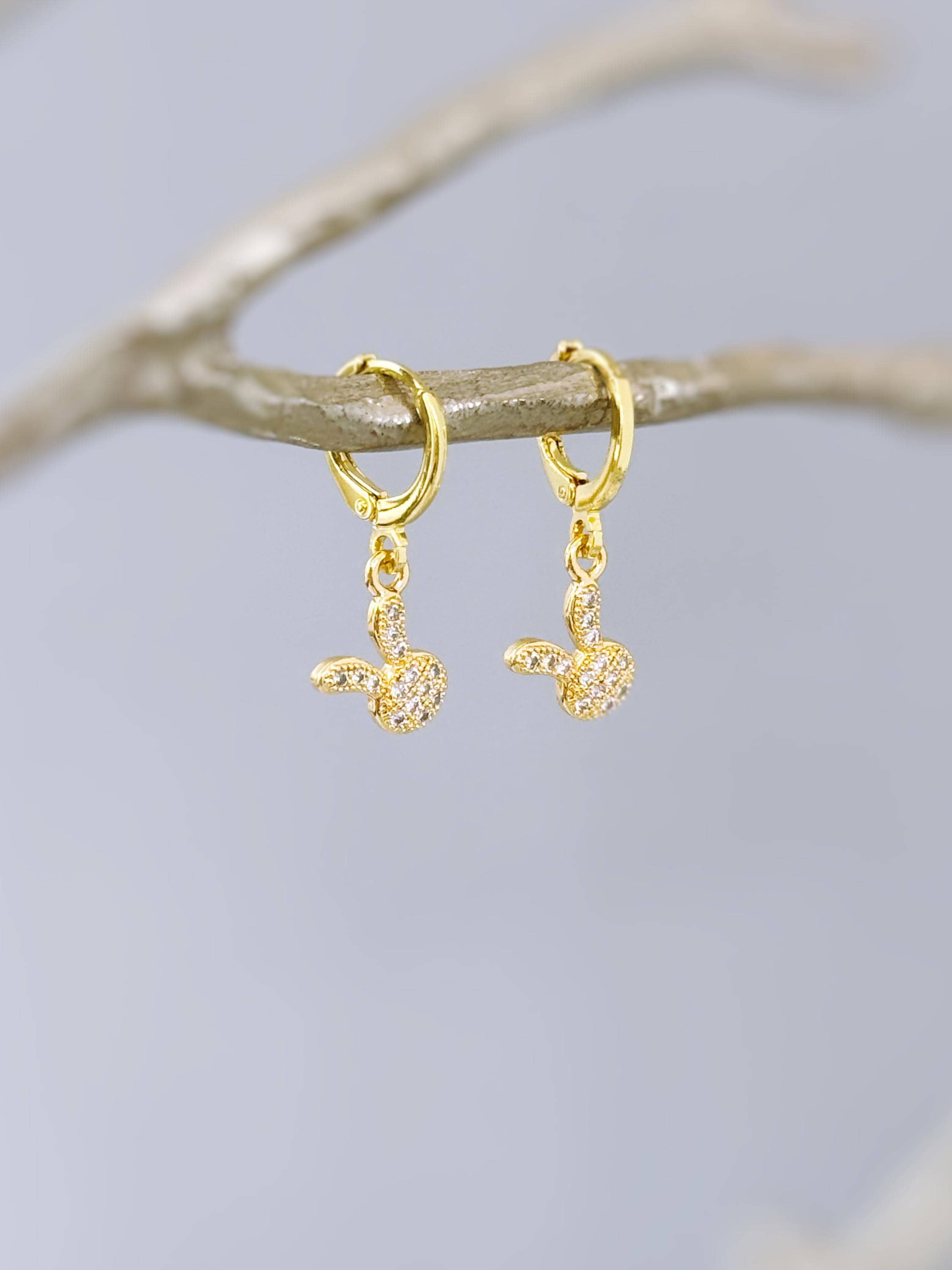 Dainty Bunny Earrings Dangle Gold Huggie Hoops cute Spring jewelry Easter Gift for her cottagecore woodland creature nature rabbit jewelry