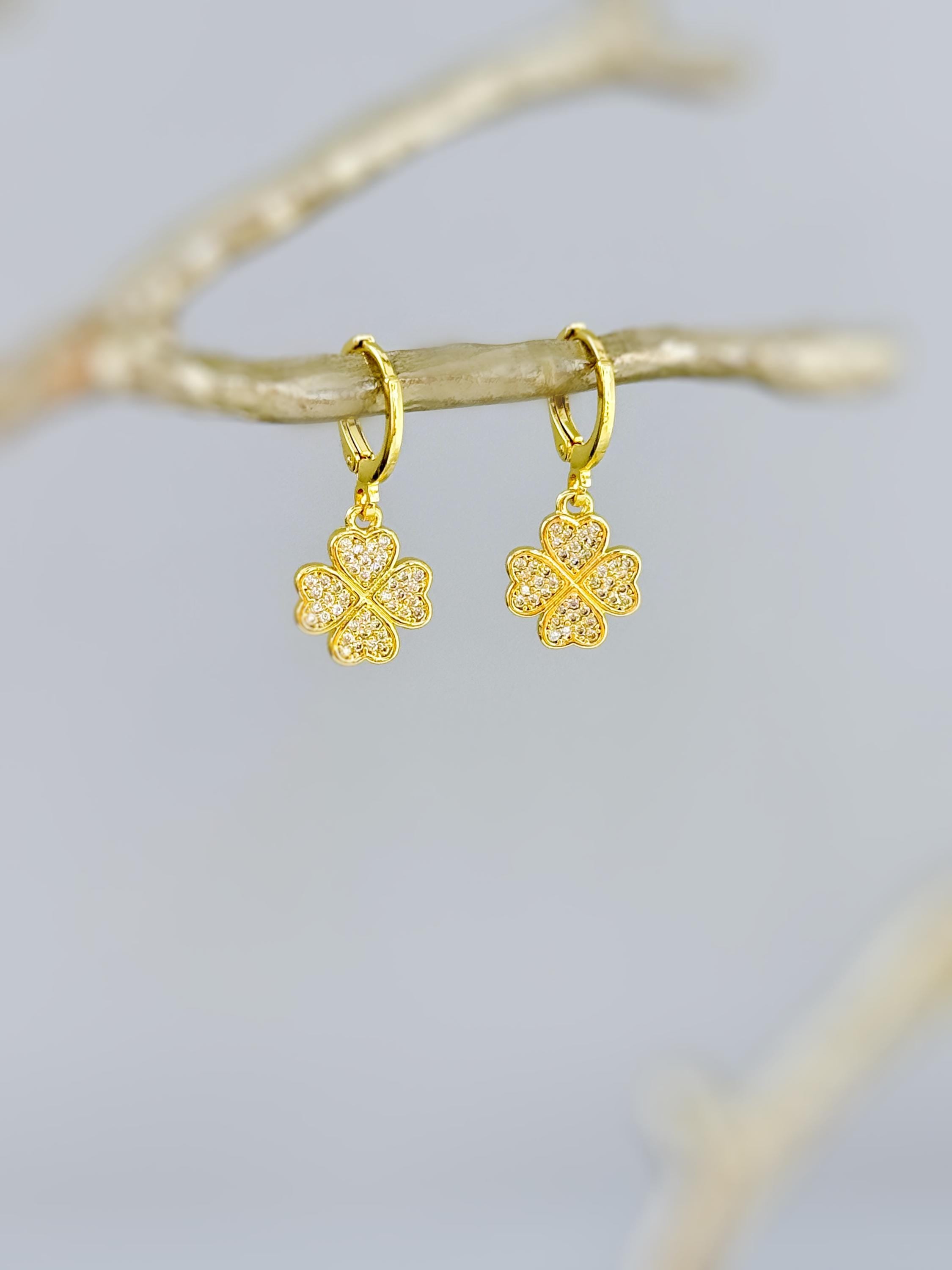 Lucky Gold Four Leaf Clover Earrings Dangle Crystal leverbacks Shamrock Chrams Irish jewelry good luck St Patricks day gift for her, women