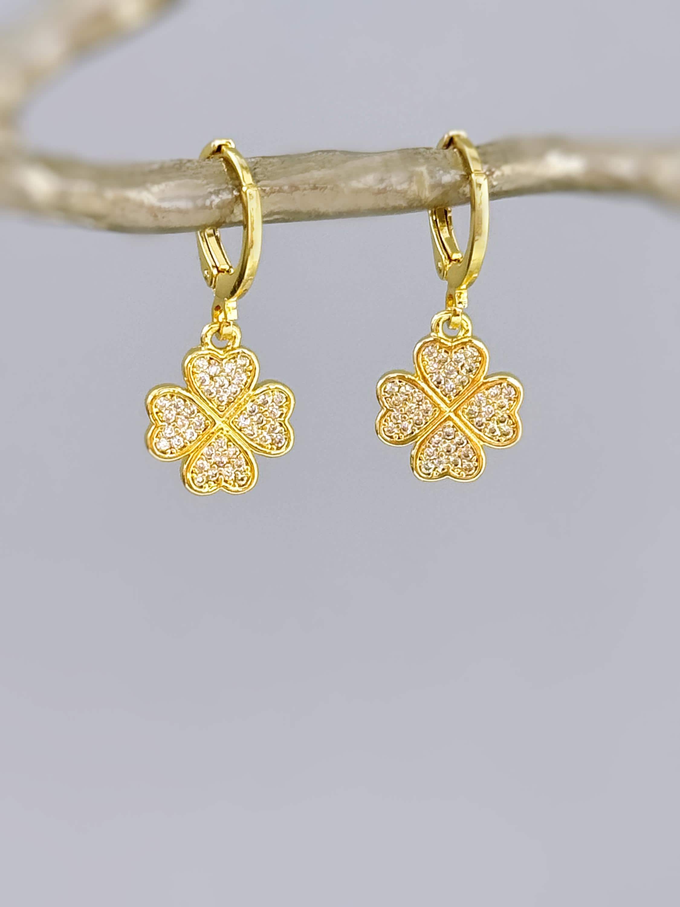 Lucky Gold Four Leaf Clover Earrings Dangle Crystal leverbacks Shamrock Chrams Irish jewelry good luck St Patricks day gift for her, women