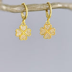 Lucky Gold Four Leaf Clover Earrings Dangle Crystal Huggie Hoops Shamrock Chrams Irish jewelry good luck St Patricks day gift for her, women
