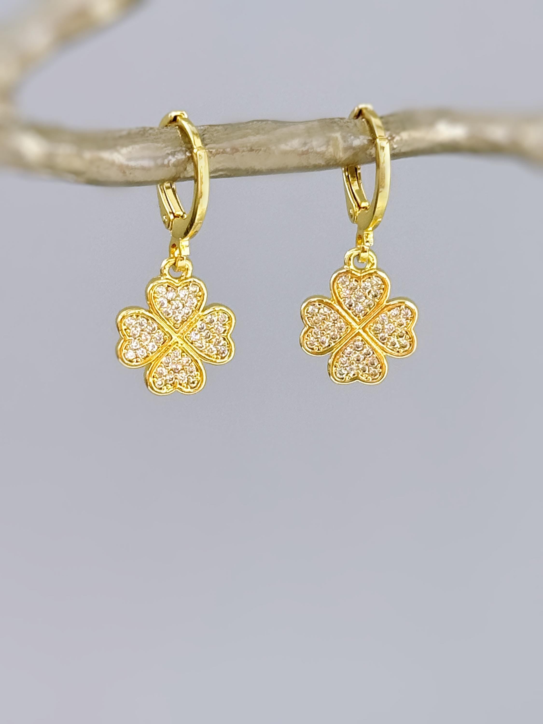 Lucky Gold Four Leaf Clover Earrings Dangle Crystal Huggie Hoops Shamrock Chrams Irish jewelry good luck St Patricks day gift for her, women