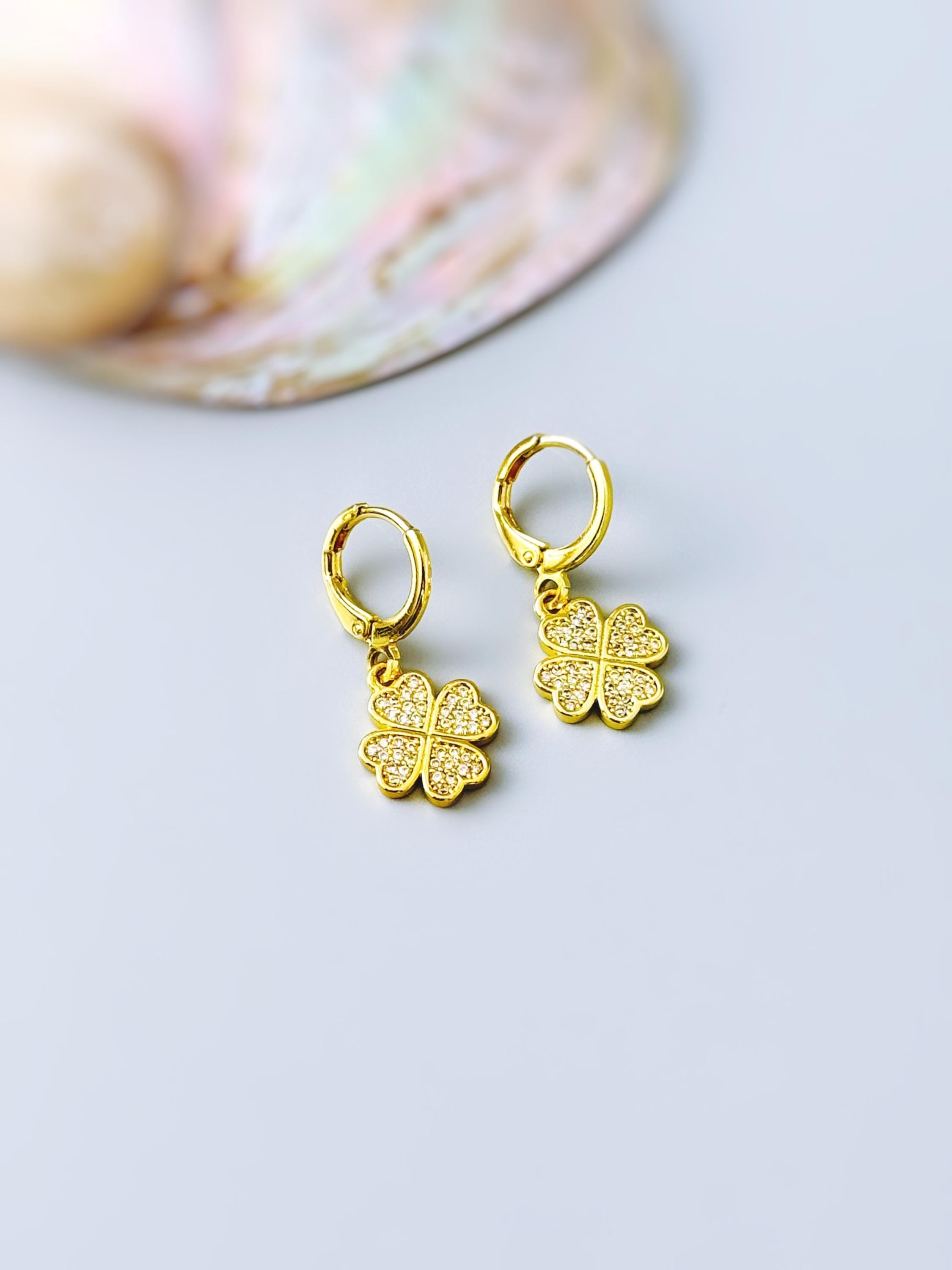 Lucky Gold Four Leaf Clover Earrings Dangle Crystal leverbacks Shamrock Chrams Irish jewelry good luck St Patricks day gift for her, women