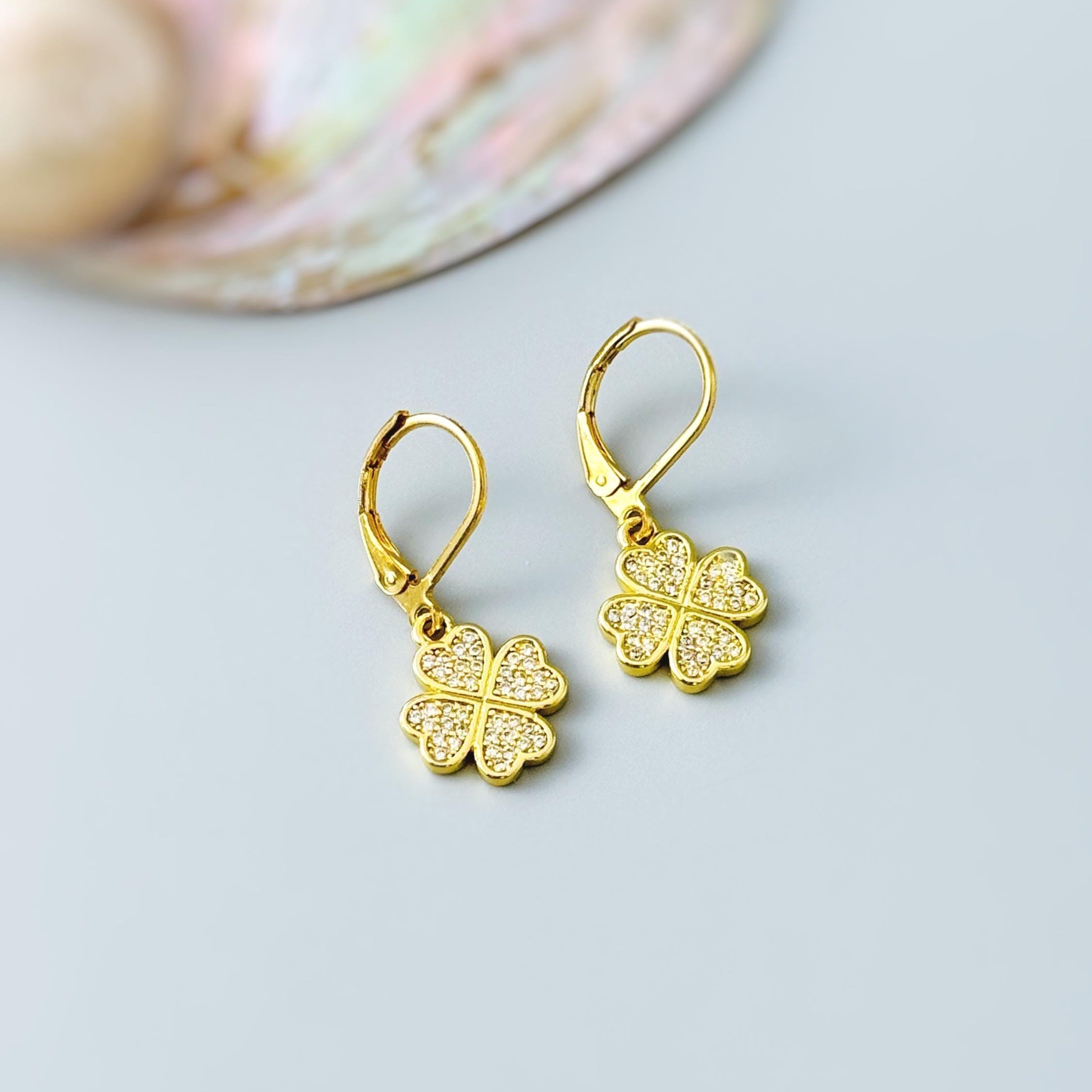 Lucky Gold Four Leaf Clover Earrings Dangle Crystal leverbacks Shamrock Chrams Irish jewelry good luck St Patricks day gift for her, women