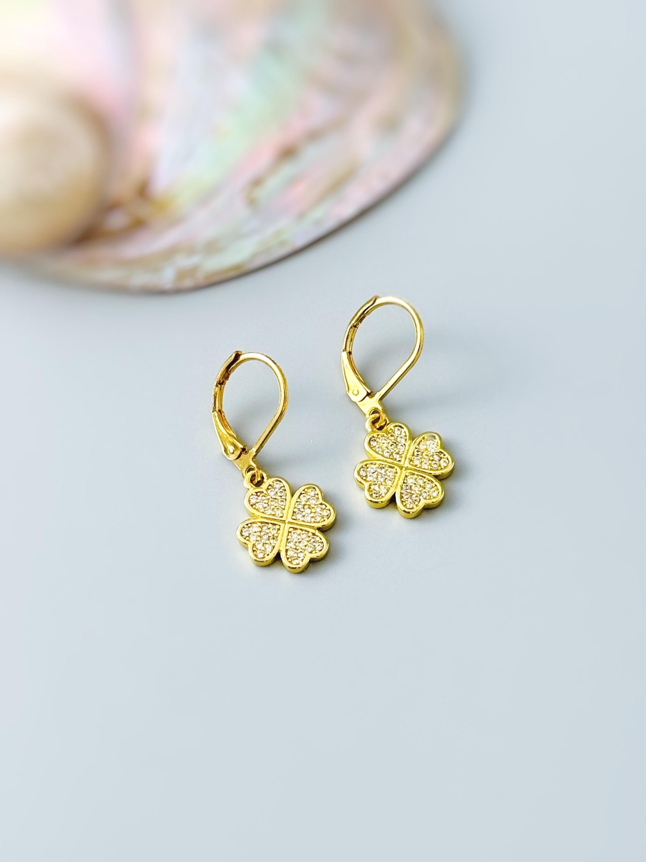 Lucky Gold Four Leaf Clover Earrings Dangle Crystal leverbacks Shamrock Chrams Irish jewelry good luck St Patricks day gift for her, women