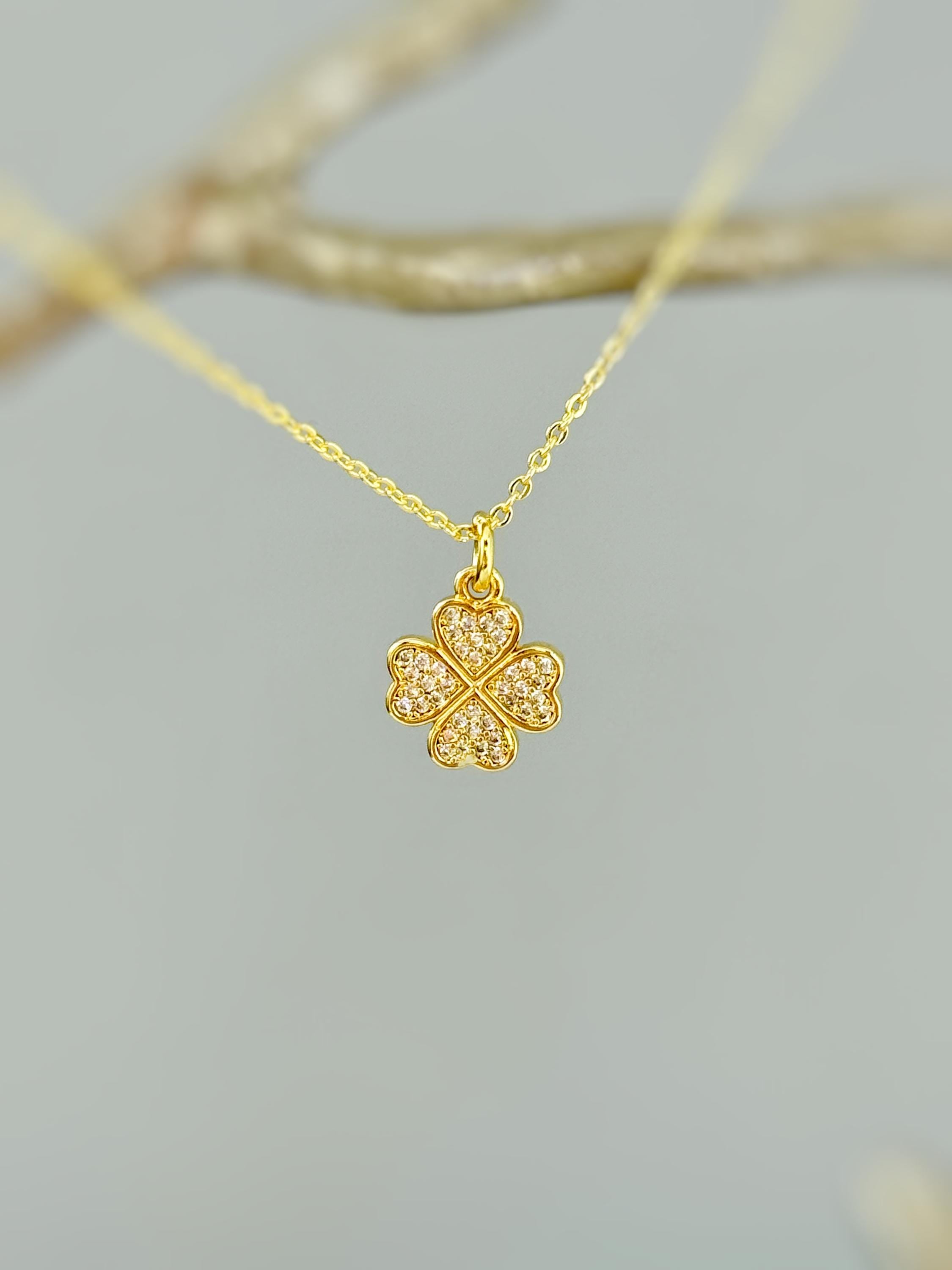 Lucky Gold Four Leaf Clover Necklace Crystal Shamrock Charm Pedant Irish jewelry St Patricks day good luck gift for graduation, women, her