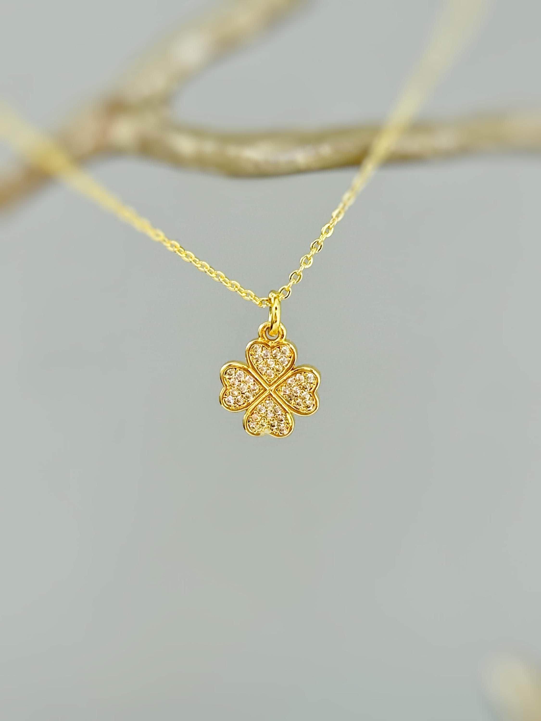 Lucky Gold Four Leaf Clover Necklace Crystal Shamrock Charm Pedant Irish jewelry St Patricks day good luck gift for graduation, women, her