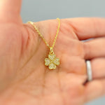 Lucky Gold Four Leaf Clover Necklace Crystal Shamrock Charm Pedant Irish jewelry St Patricks day good luck gift for graduation, women, her