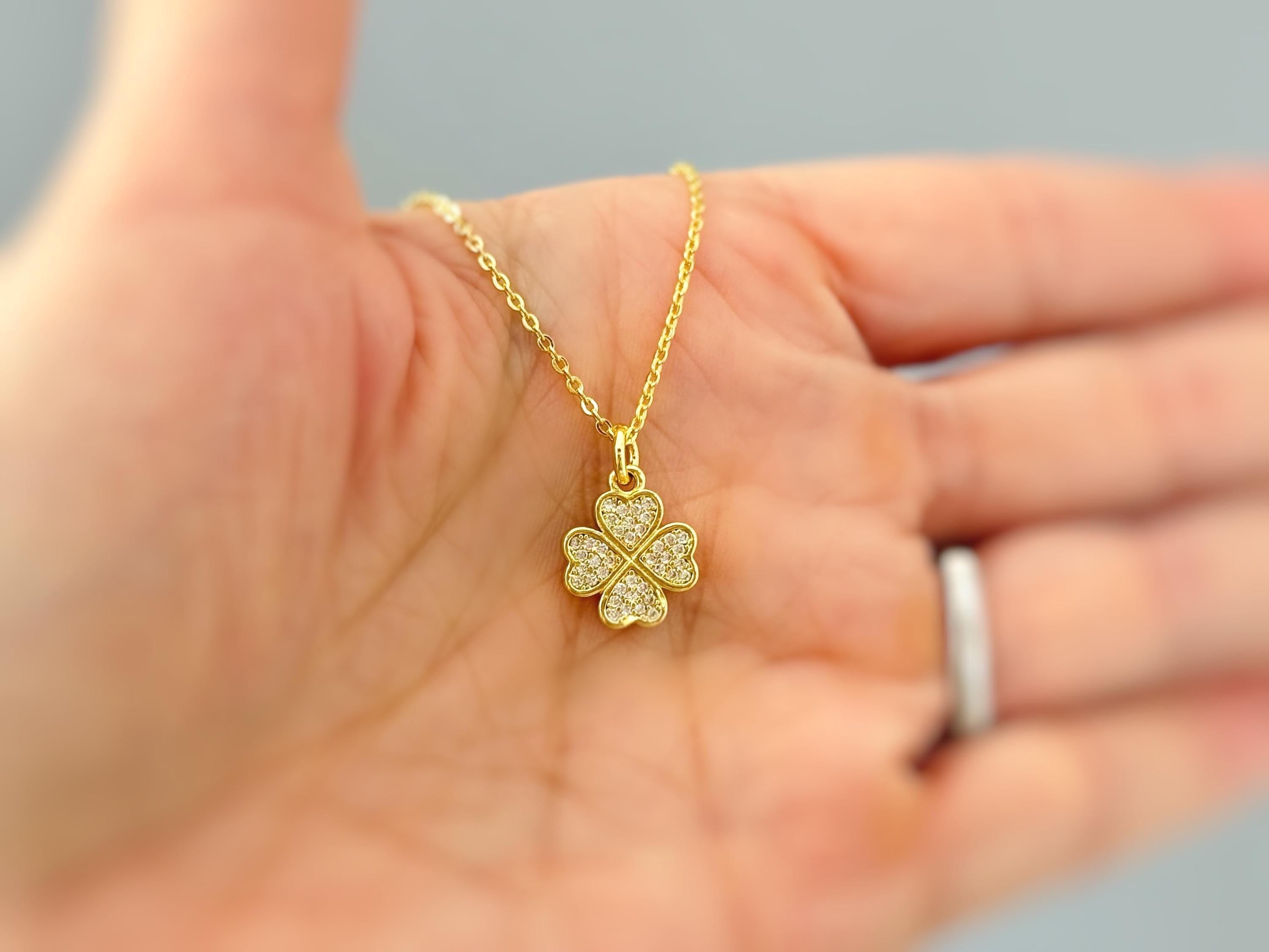 Lucky Gold Four Leaf Clover Necklace Crystal Shamrock Charm Pedant Irish jewelry St Patricks day good luck gift for graduation, women, her