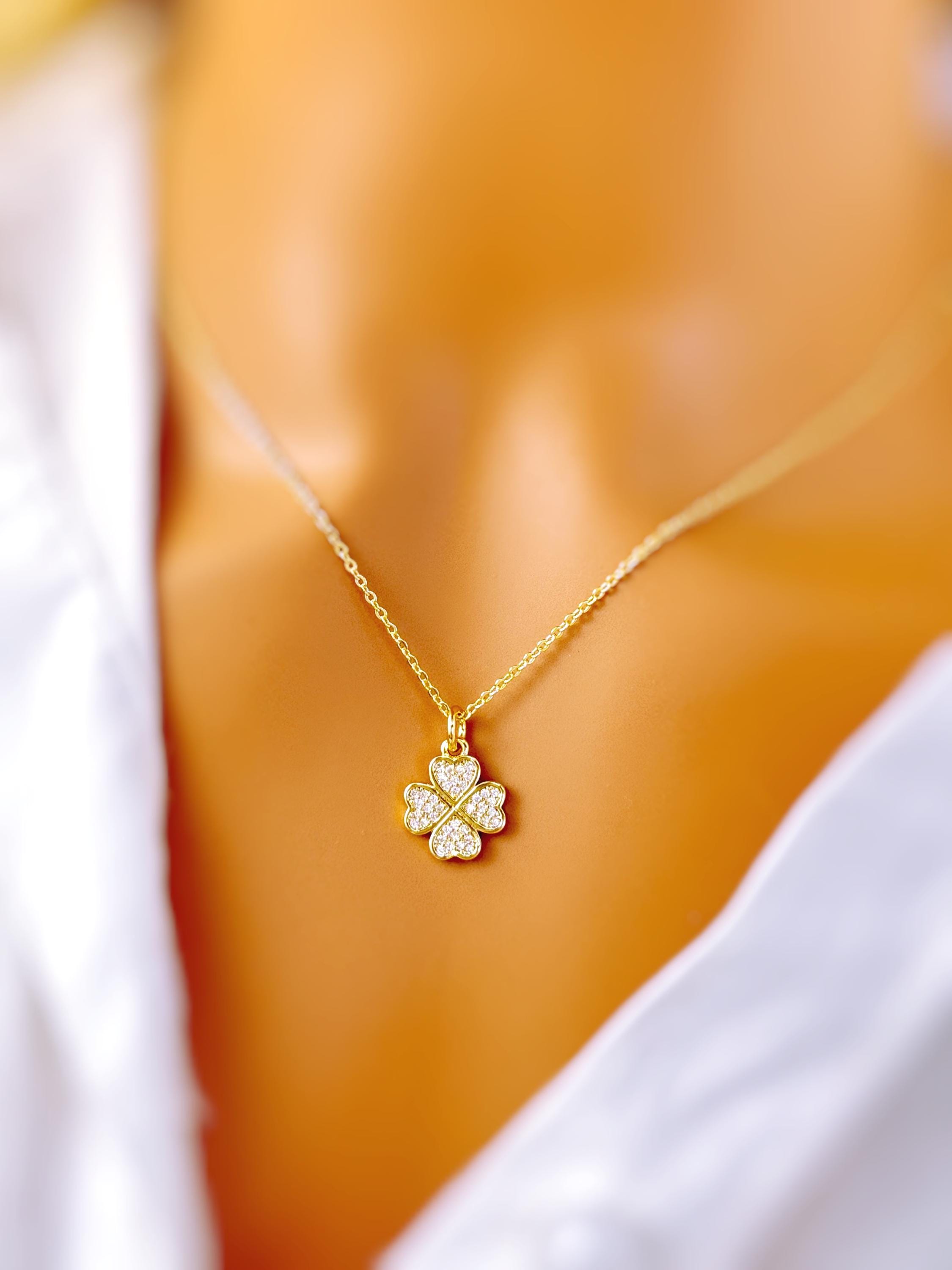 Lucky Gold Four Leaf Clover Necklace Crystal Shamrock Charm Pedant Irish jewelry St Patricks day good luck gift for graduation, women, her