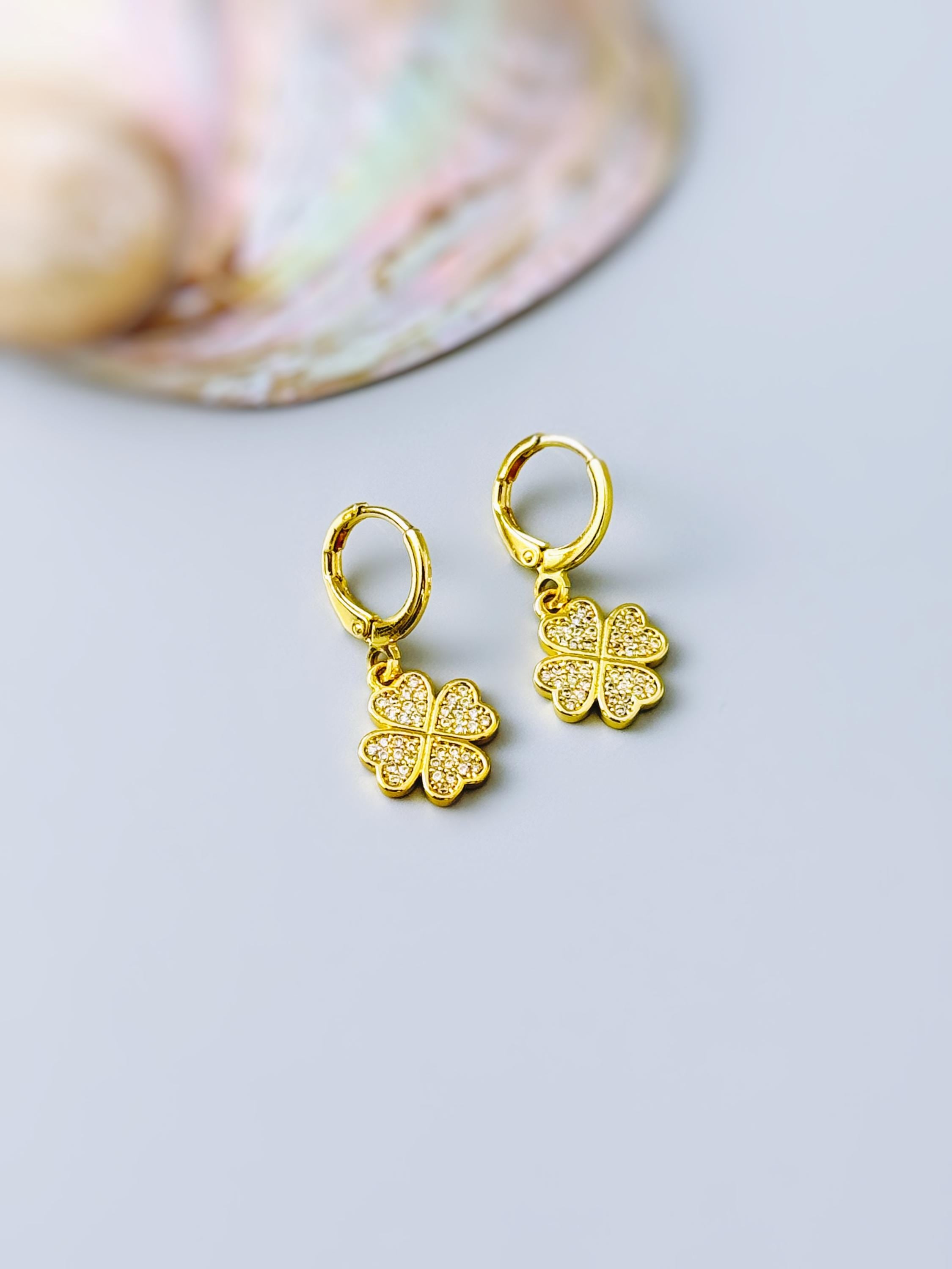 Lucky Gold Four Leaf Clover Necklace Crystal Shamrock Charm Pedant Irish jewelry St Patricks day good luck gift for graduation, women, her