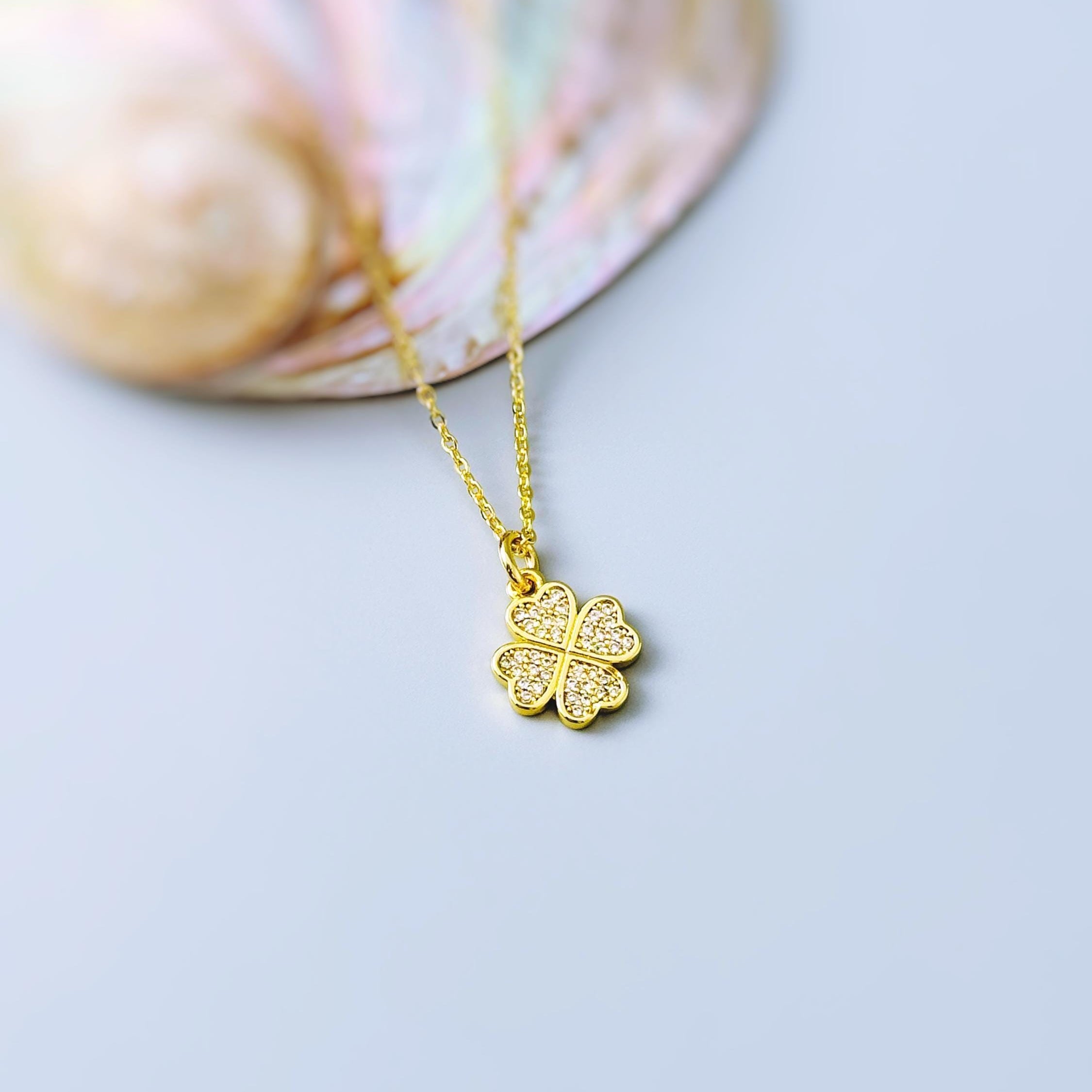 Lucky Gold Four Leaf Clover Necklace Crystal Shamrock Charm Pedant Irish jewelry St Patricks day good luck gift for graduation, women, her