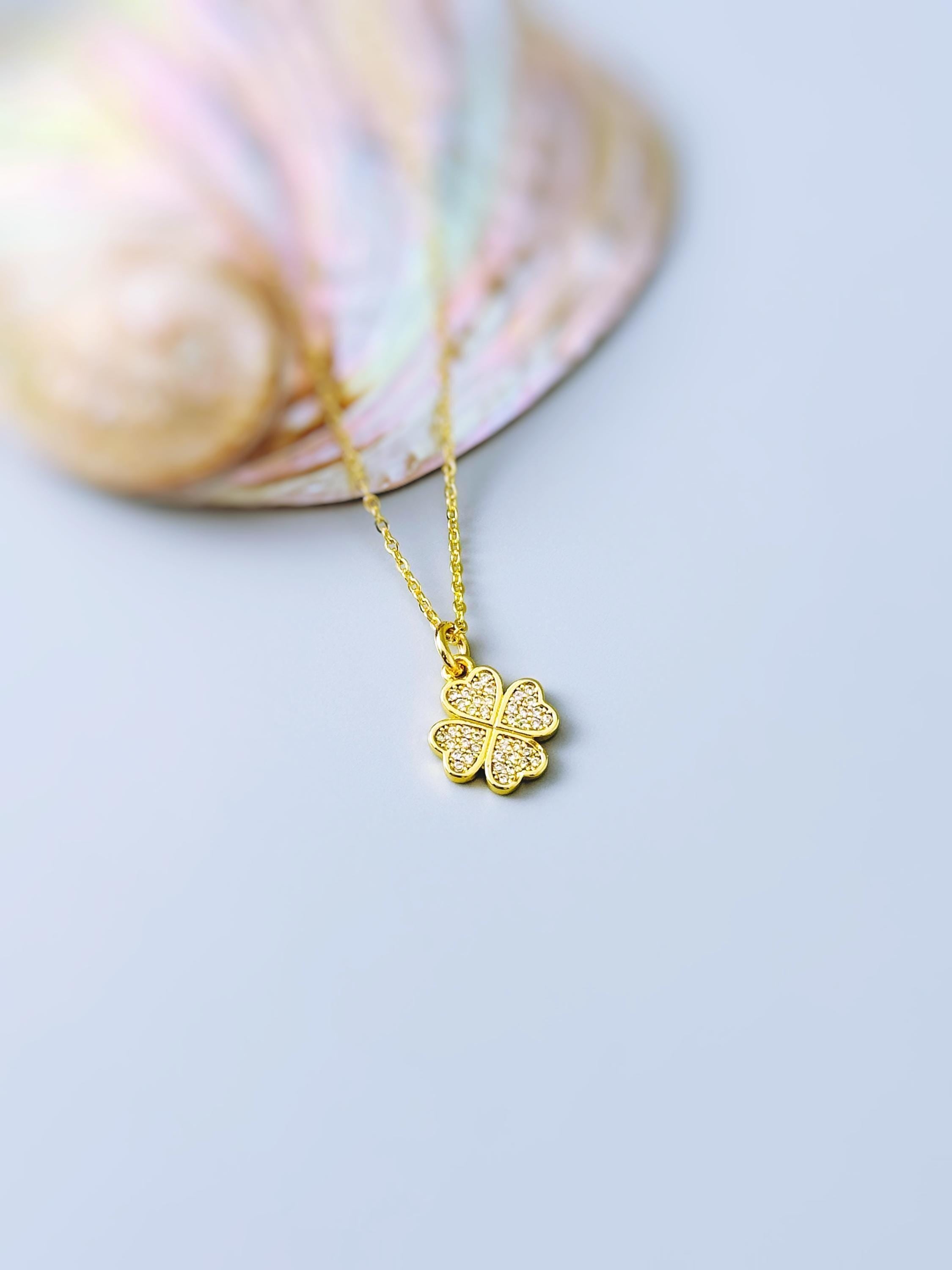 Lucky Gold Four Leaf Clover Necklace Crystal Shamrock Charm Pedant Irish jewelry St Patricks day good luck gift for graduation, women, her