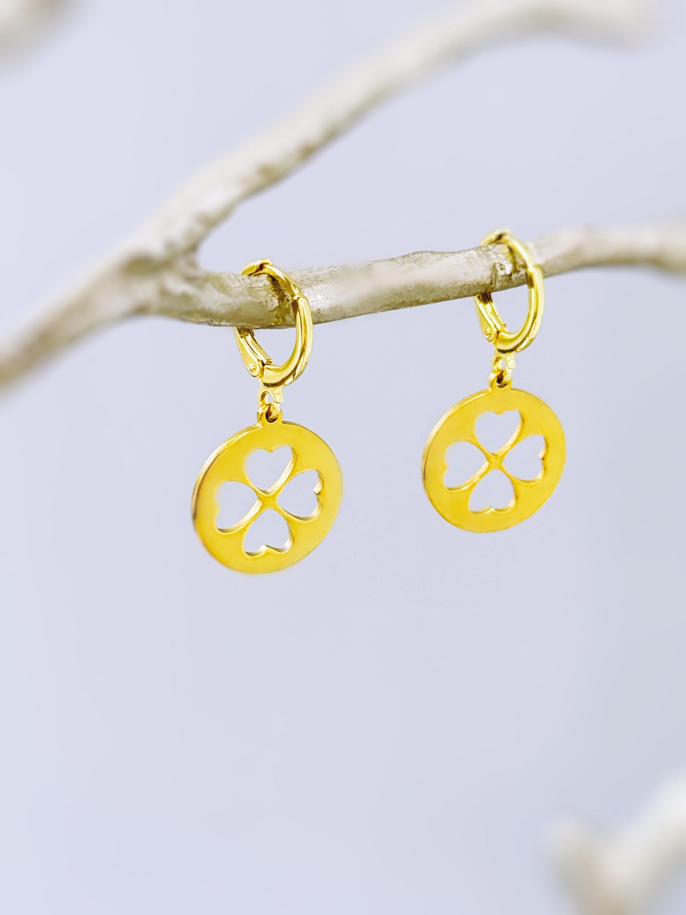 Silver Four Leaf Clover Earrings Dangle Gold minimalist Huggie Hoops lucky Shamrock charm Irish jewelry St Patricks day gift for her