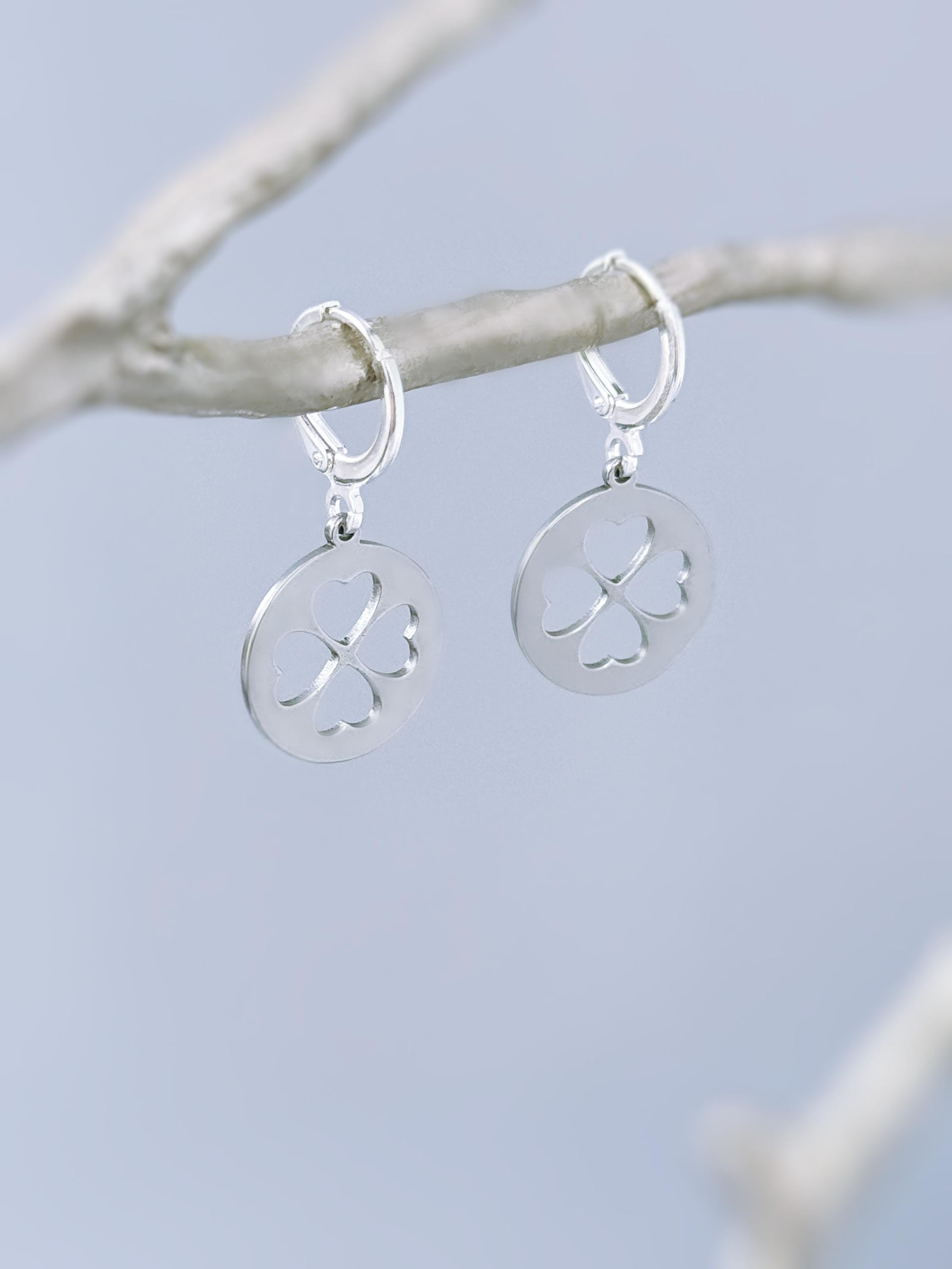 Silver Four Leaf Clover Earrings Dangle Gold minimalist Huggie Hoops lucky Shamrock charm Irish jewelry St Patricks day gift for her