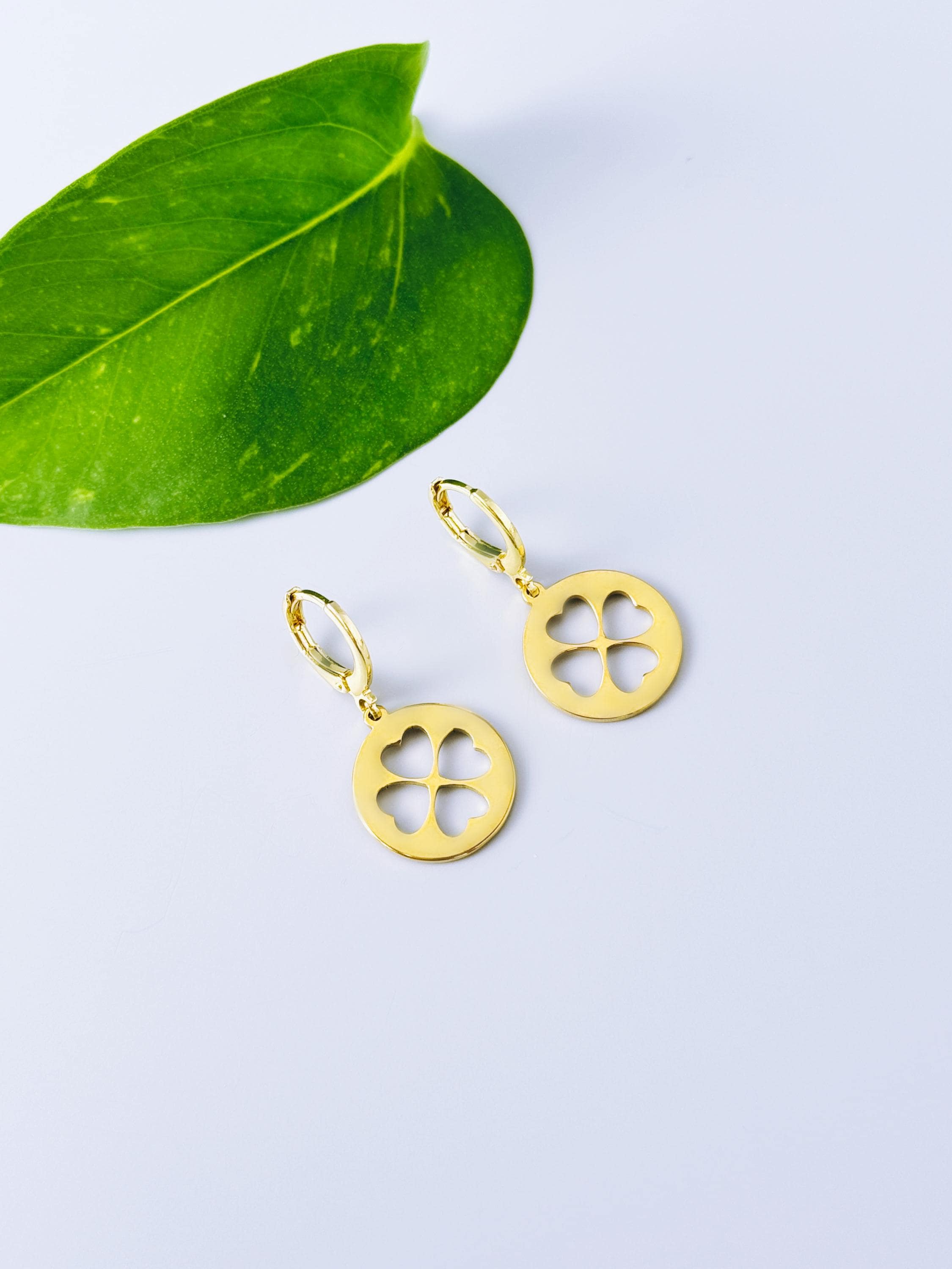 Four Leaf Clover Earrings Dangle Gold, Silver minimalist Huggie Hoops lucky Shamrock charm Irish jewelry St Patricks day gift for her