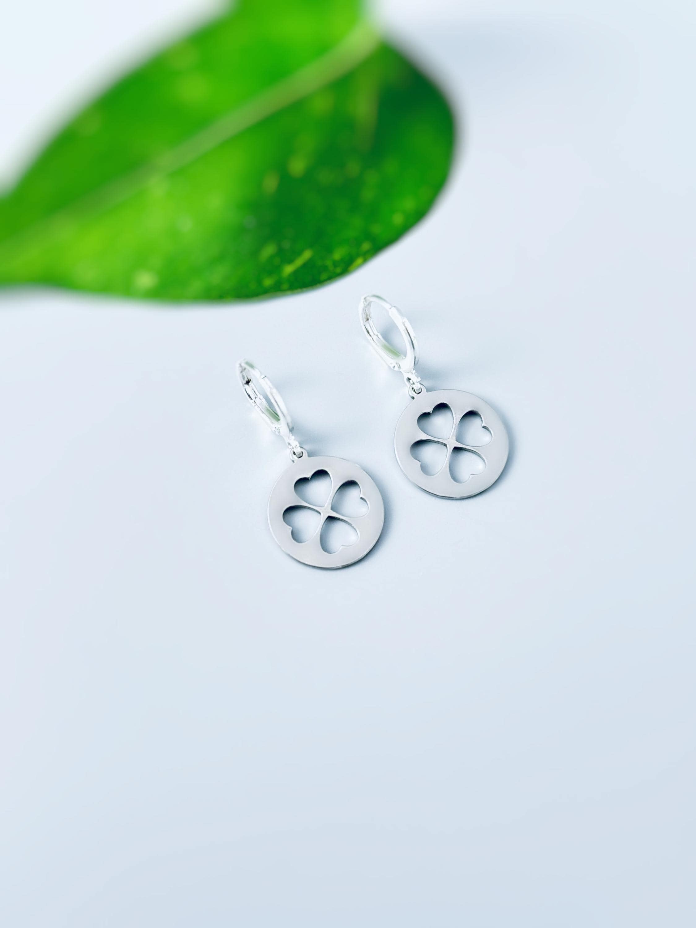 Four Leaf Clover Earrings Dangle Silver, Gold minimalist Huggie Hoops lucky Shamrock charm Irish jewelry St Patricks day gift for her