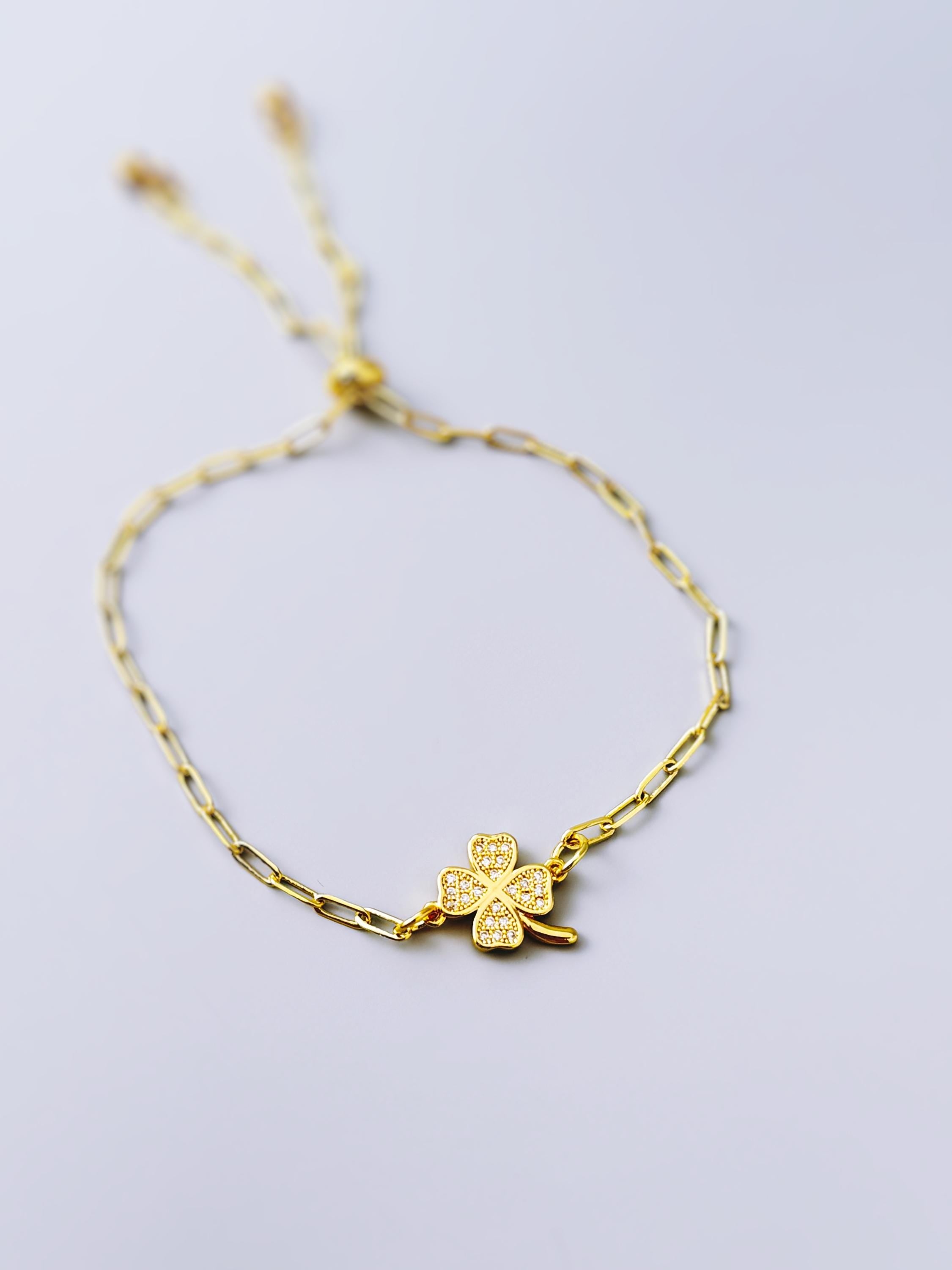 Dainty Gold Four Leaf Clover Bracelet Adjustable minimalist paperclip chain bracelet crystal charm Bracelet, St Patricks Day Gift for Her